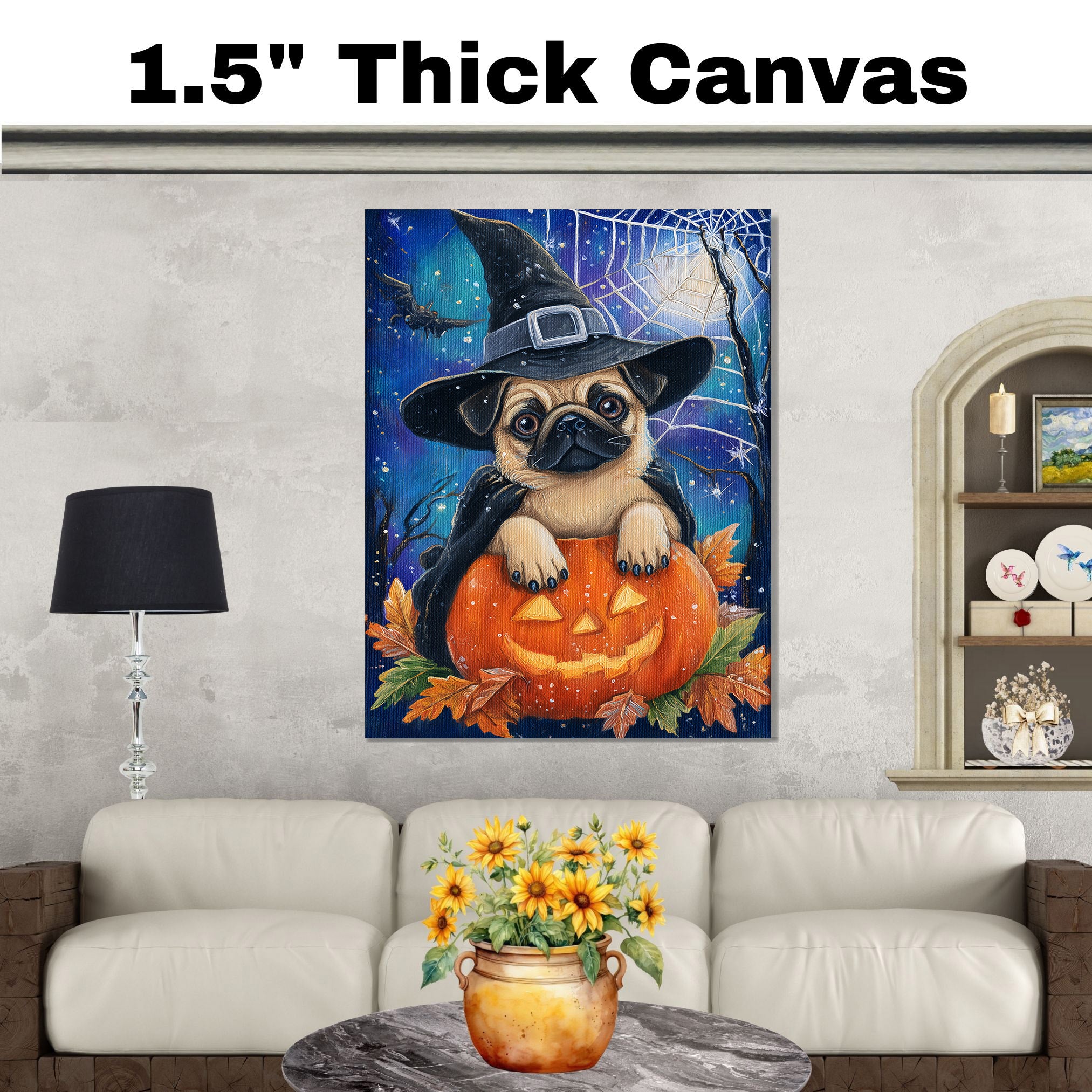 Halloween Pug Dog Canvas Wall Art for Farmhouse Fall Decor Autumn Decorations for Home Décor Gifts on Ready to Hang 1.5" Thick Canvas Wrap, Floating Framed Canvas, Flat Rolled Canvas