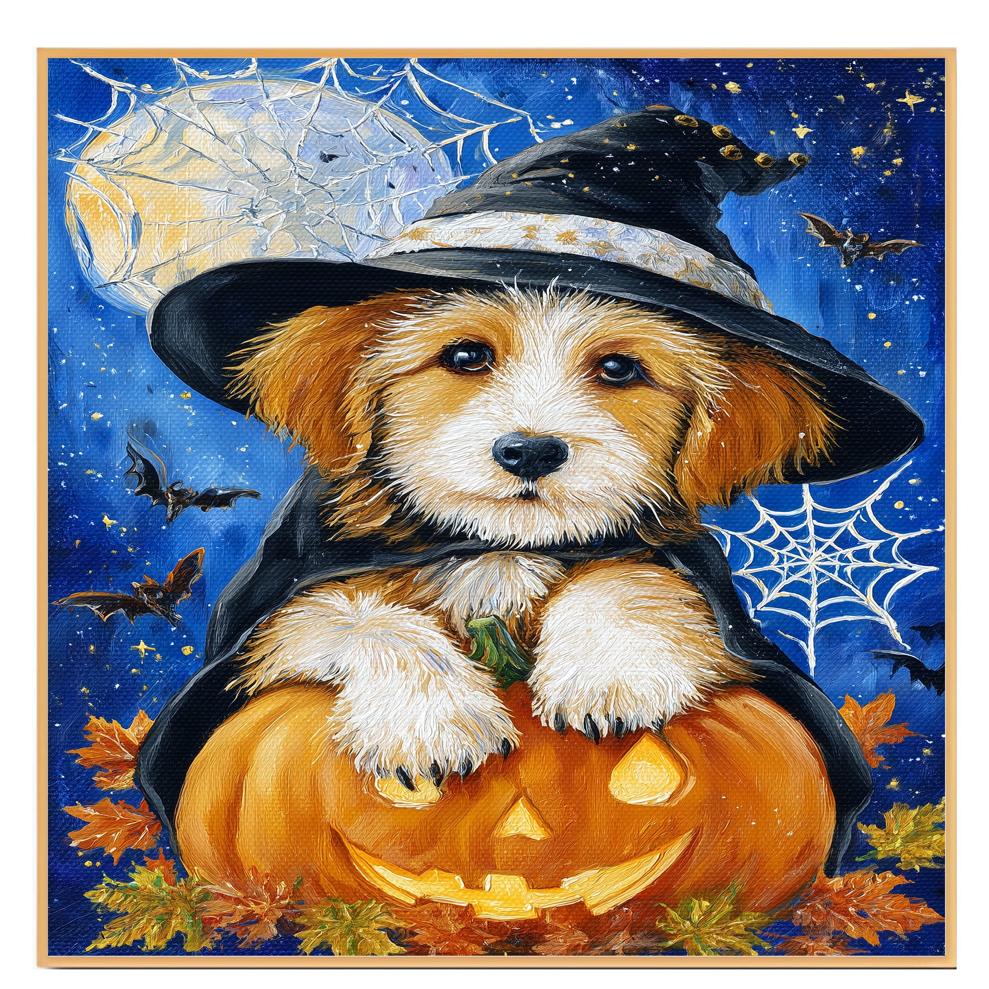 Halloween Terrier Dog Canvas Haunted Autumn Wall Art with Cobweb Rustic Pet Themed Decoration for Farmhouse on Ready to Hang 1.5" Thick Canvas Wrap, Floating Framed Canvas, Flat Rolled Canvas