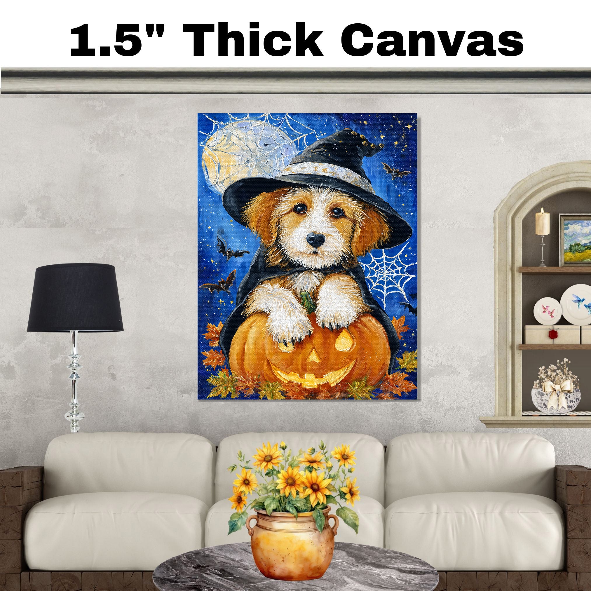 Halloween Terrier Dog Canvas Haunted Autumn Wall Art with Cobweb Rustic Pet Themed Decoration for Farmhouse on Ready to Hang 1.5" Thick Canvas Wrap, Floating Framed Canvas, Flat Rolled Canvas