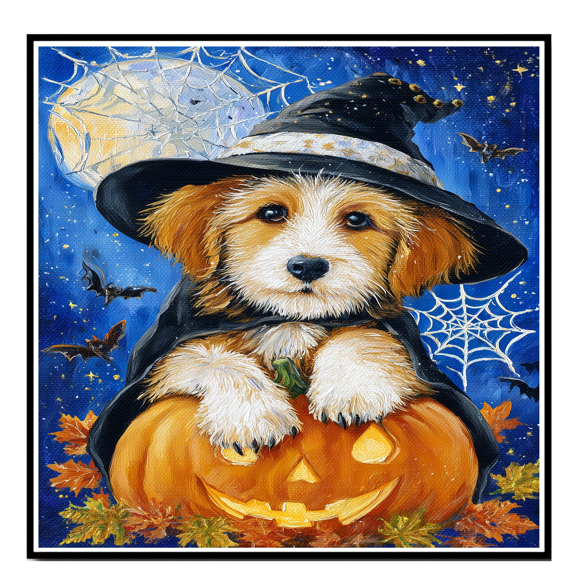 Halloween Terrier Dog Canvas Haunted Autumn Wall Art with Cobweb Rustic Pet Themed Decoration for Farmhouse on Ready to Hang 1.5" Thick Canvas Wrap, Floating Framed Canvas, Flat Rolled Canvas