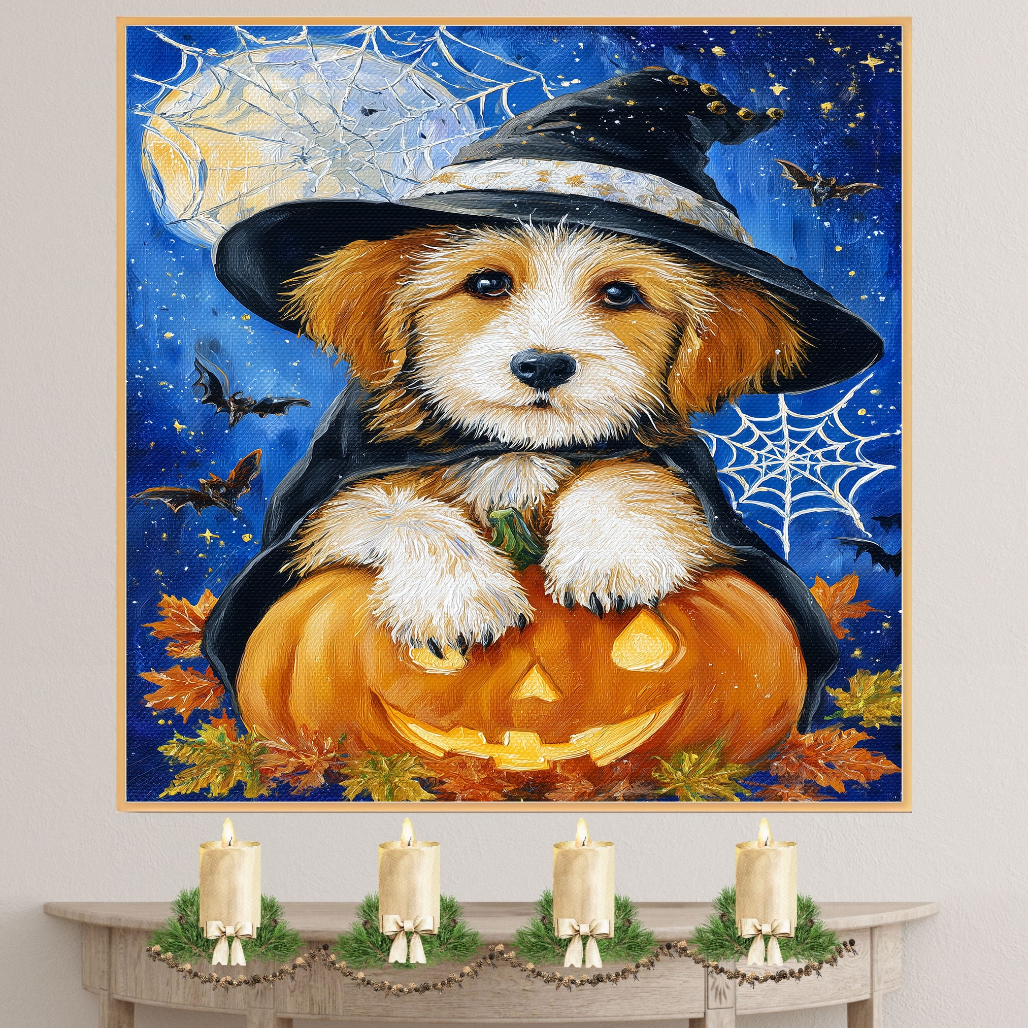 Halloween Terrier Dog Canvas Haunted Autumn Wall Art with Cobweb Rustic Pet Themed Decoration for Farmhouse on Ready to Hang 1.5" Thick Canvas Wrap, Floating Framed Canvas, Flat Rolled Canvas