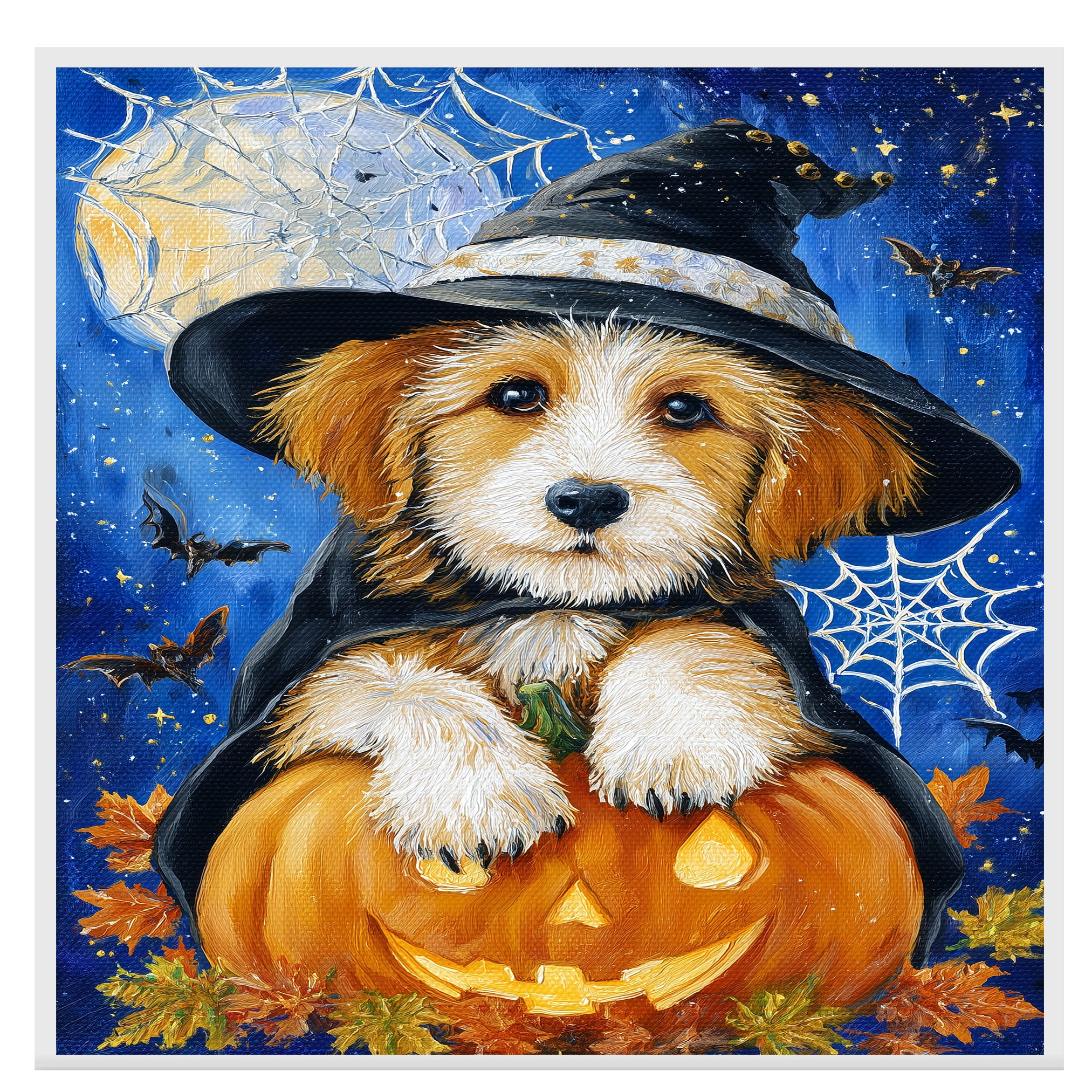 Halloween Terrier Dog Canvas Haunted Autumn Wall Art with Cobweb Rustic Pet Themed Decoration for Farmhouse on Ready to Hang 1.5" Thick Canvas Wrap, Floating Framed Canvas, Flat Rolled Canvas