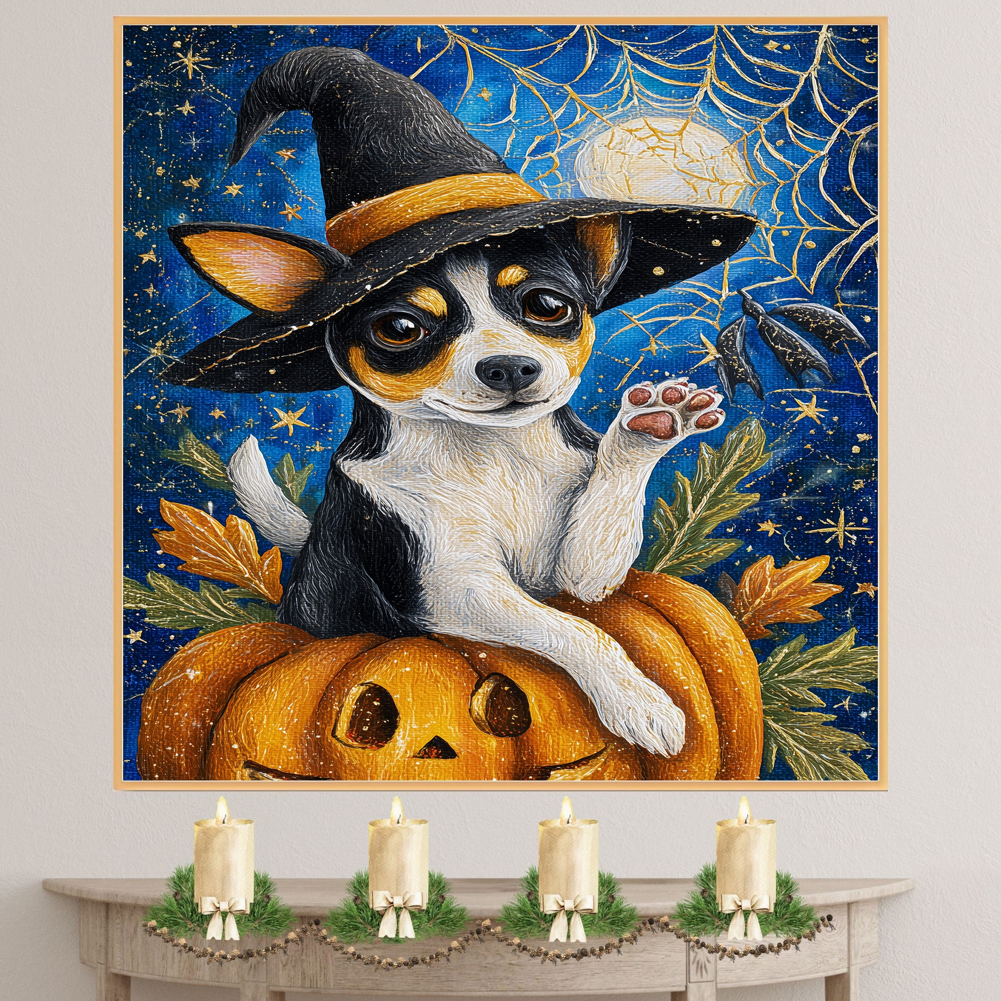 Rat Terrier Cobweb Canvas with Pumpkin Fall Decor for Dog Lovers Seasonal Pet Friendly Decoration on Ready to Hang 1.5" Thick Canvas Wrap, Floating Framed Canvas, Flat Rolled Canvas