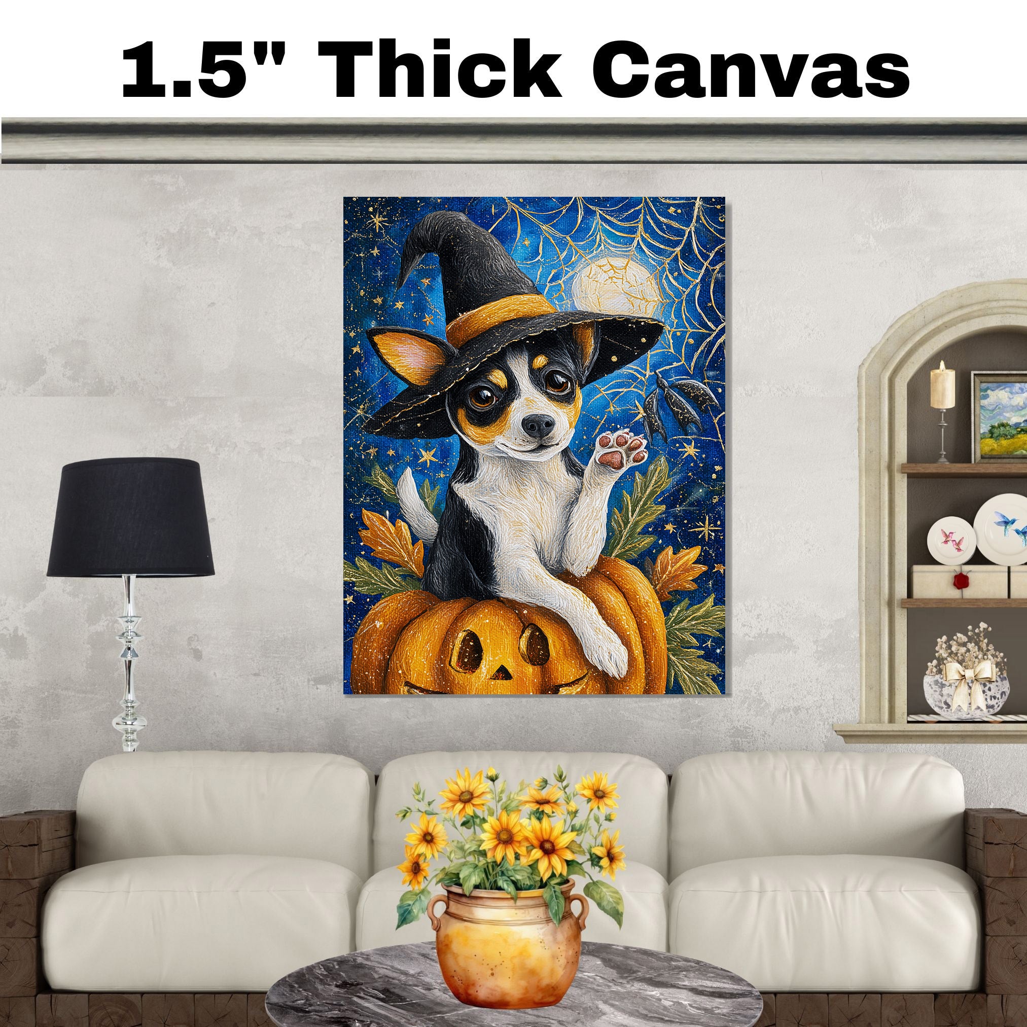 Rat Terrier Cobweb Canvas with Pumpkin Fall Decor for Dog Lovers Seasonal Pet Friendly Decoration on Ready to Hang 1.5" Thick Canvas Wrap, Floating Framed Canvas, Flat Rolled Canvas