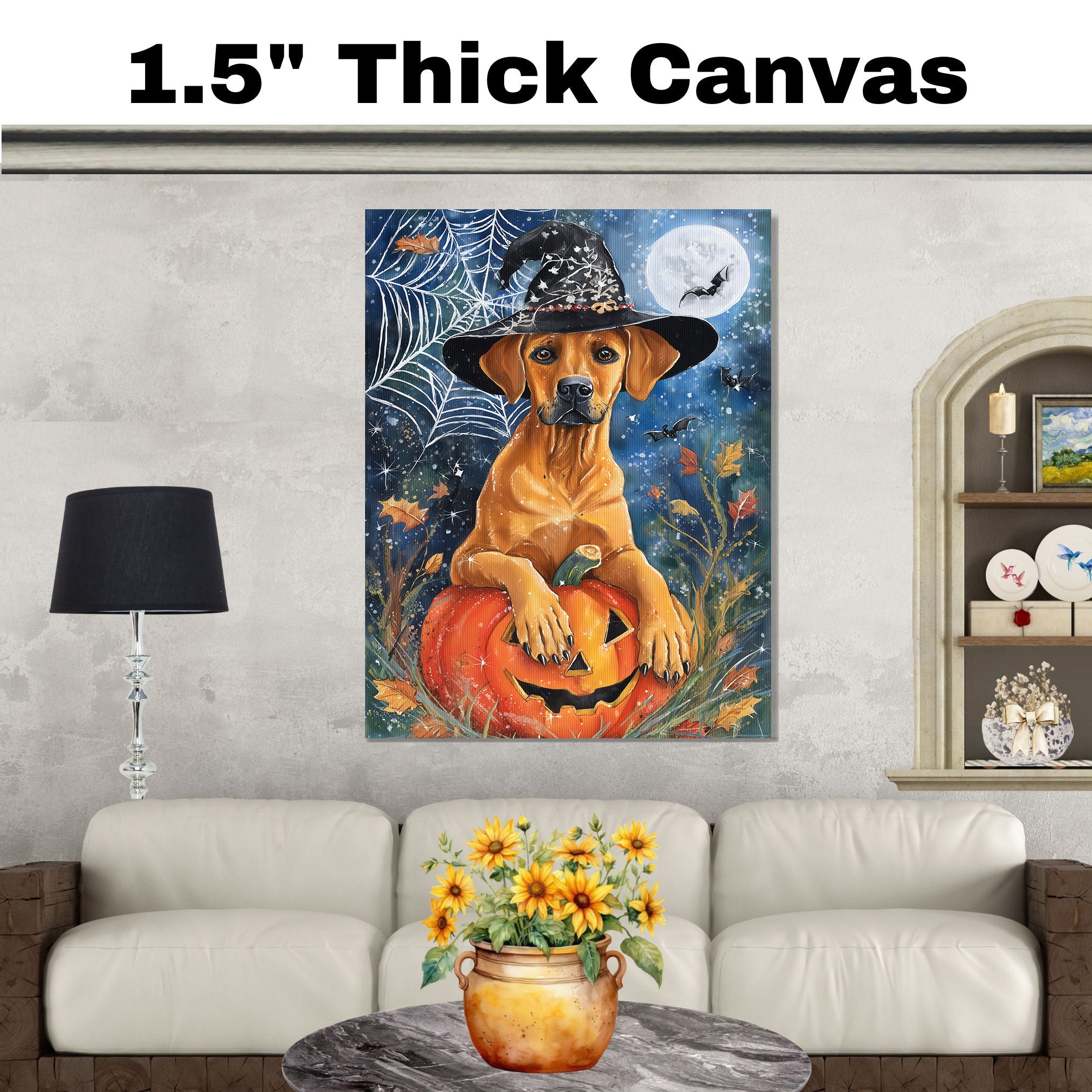 Rhodesian Ridgeback Halloween Canvas Wall Art Dog with Pumpkin Fall Home Decor for Dog Lovers on Ready to Hang 1.5" Thick Canvas Wrap, Floating Framed Canvas, Flat Rolled Canvas
