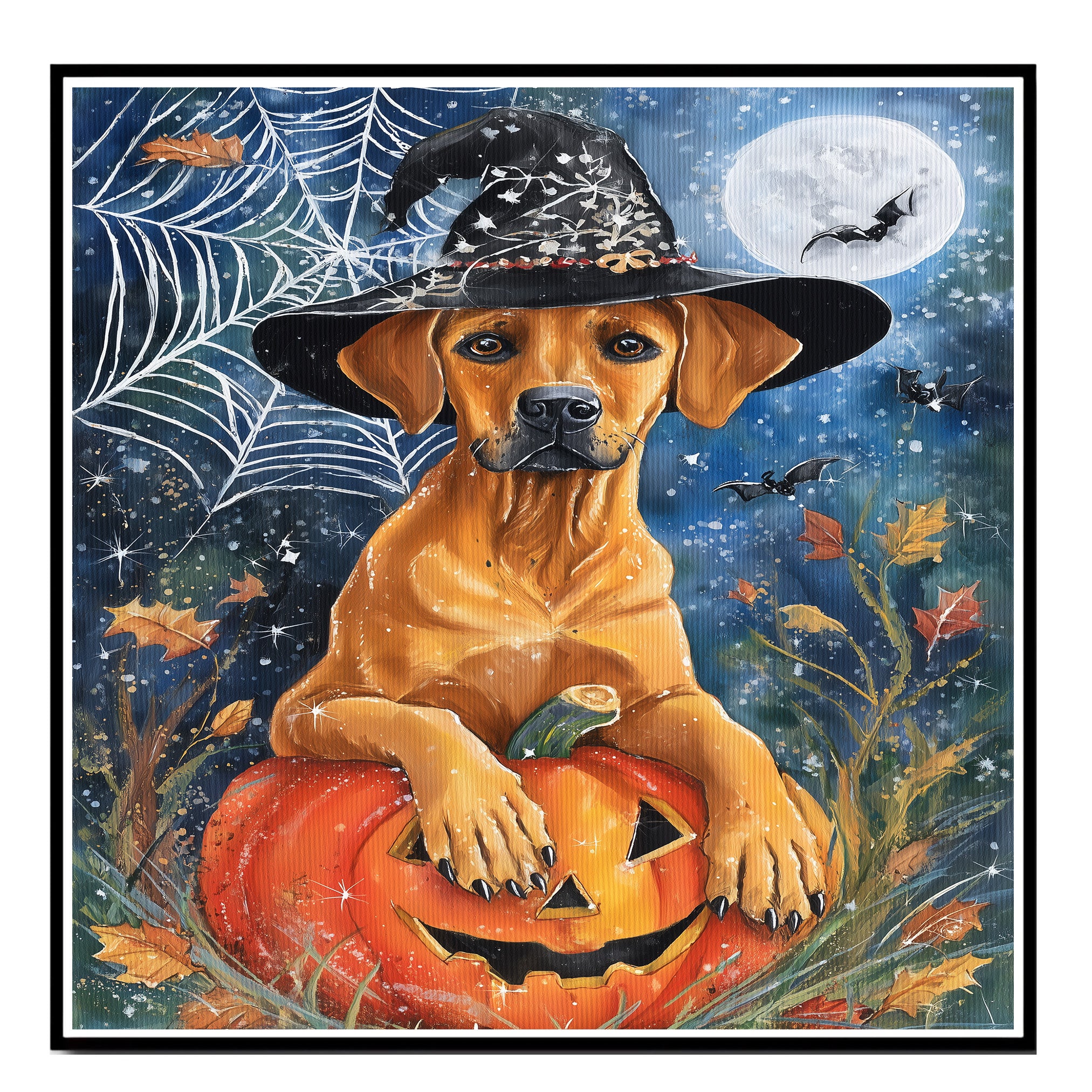 Rhodesian Ridgeback Halloween Canvas Wall Art Dog with Pumpkin Fall Home Decor for Dog Lovers on Ready to Hang 1.5" Thick Canvas Wrap, Floating Framed Canvas, Flat Rolled Canvas