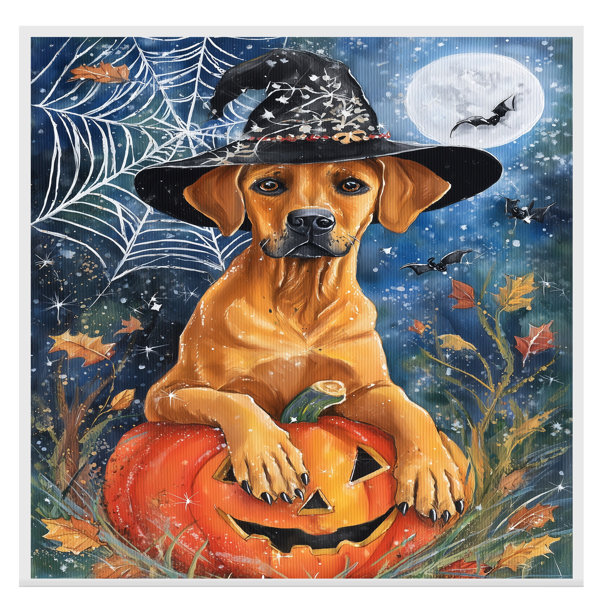 Rhodesian Ridgeback Halloween Canvas Wall Art Dog with Pumpkin Fall Home Decor for Dog Lovers on Ready to Hang 1.5" Thick Canvas Wrap, Floating Framed Canvas, Flat Rolled Canvas