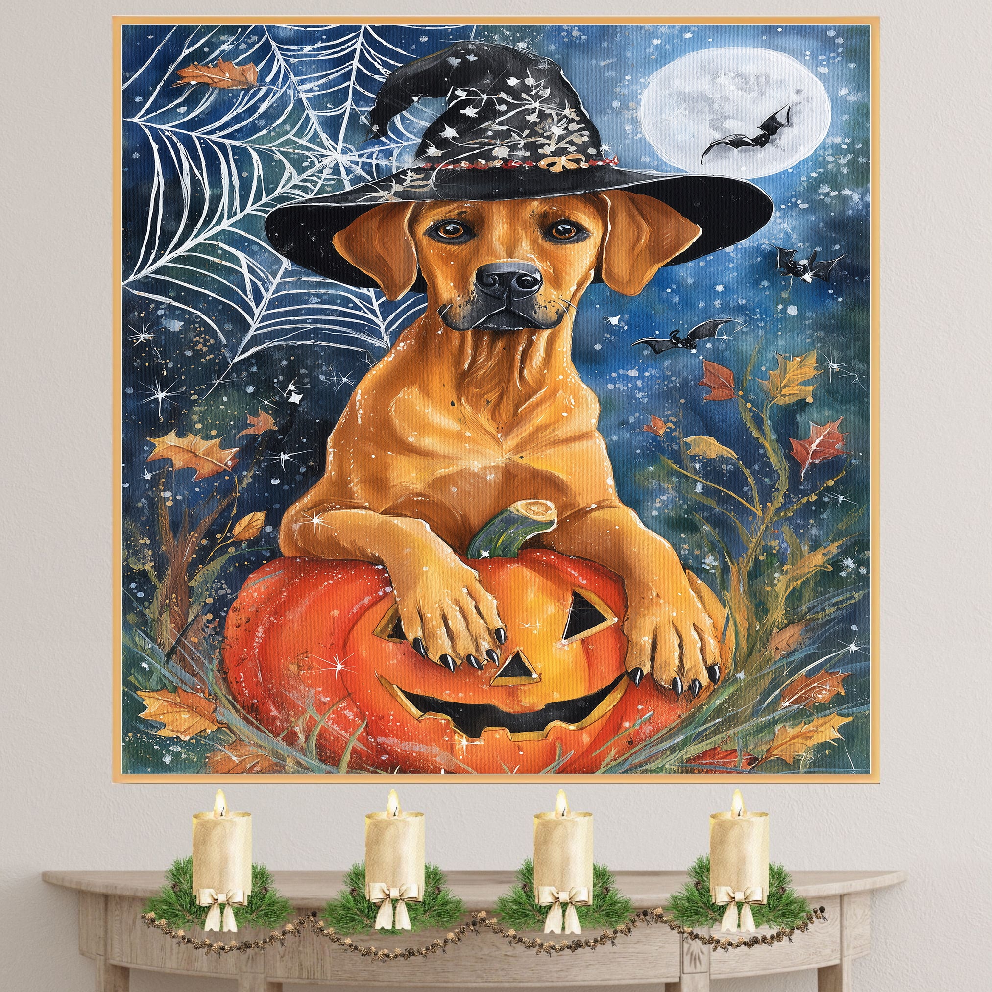 Rhodesian Ridgeback Halloween Canvas Wall Art Dog with Pumpkin Fall Home Decor for Dog Lovers on Ready to Hang 1.5" Thick Canvas Wrap, Floating Framed Canvas, Flat Rolled Canvas