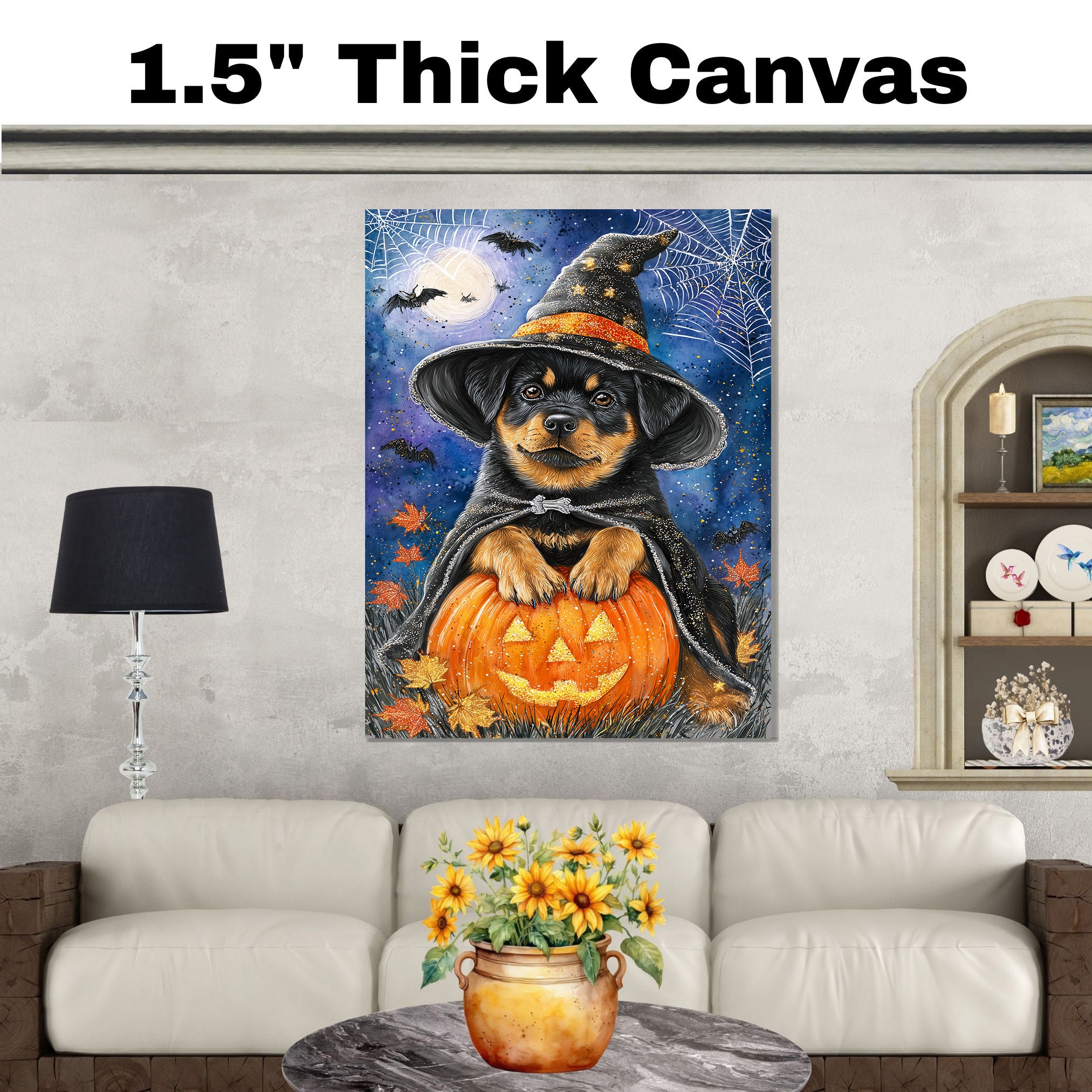 Rottweiler Dog Thanksgiving Autumn Harvest Pumpkin Canvas for Bathroom Wall Art for Halloween on Ready to Hang 1.5" Thick Canvas Wrap, Floating Framed Canvas, Flat Rolled Canvas