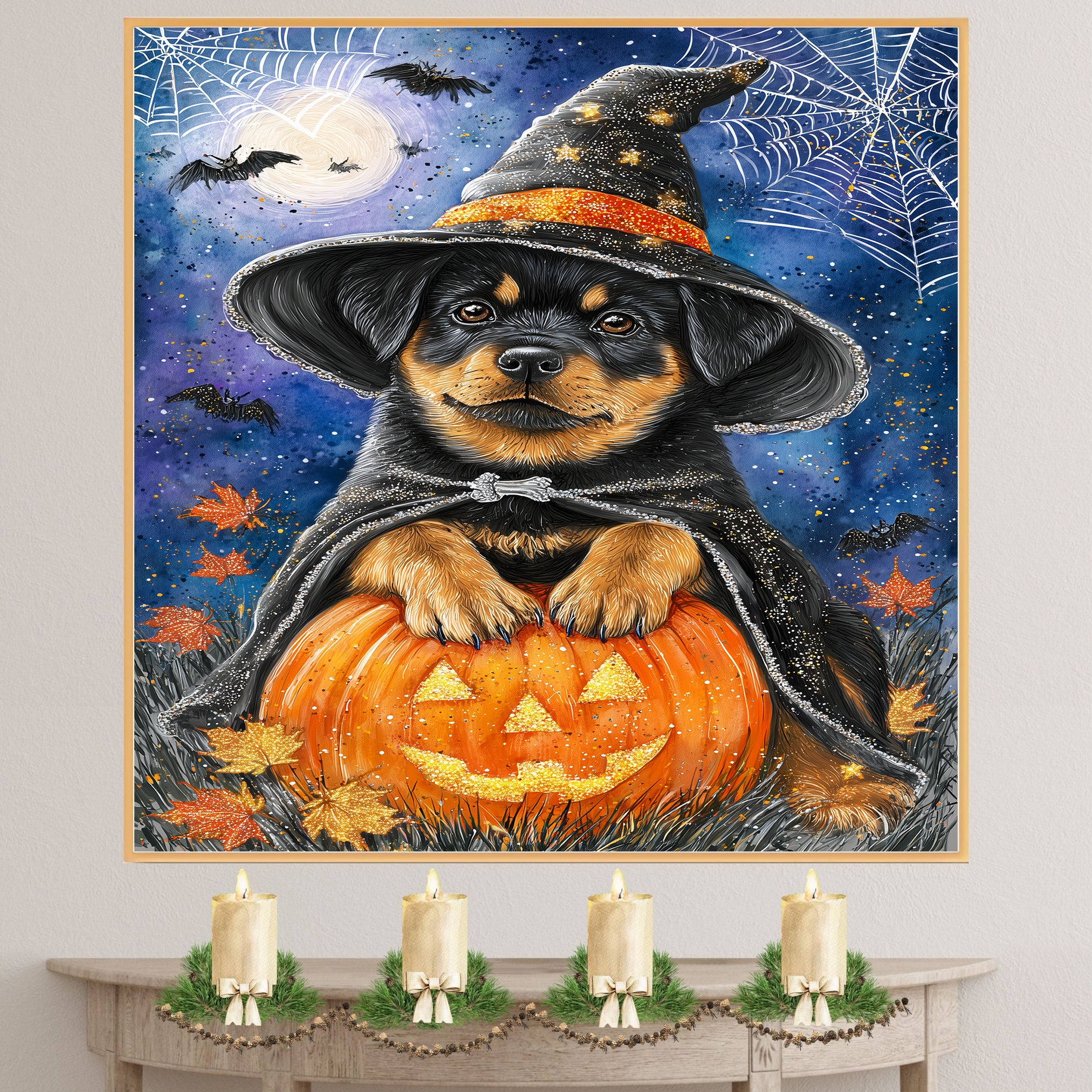 Rottweiler Dog Thanksgiving Autumn Harvest Pumpkin Canvas for Bathroom Wall Art for Halloween on Ready to Hang 1.5" Thick Canvas Wrap, Floating Framed Canvas, Flat Rolled Canvas
