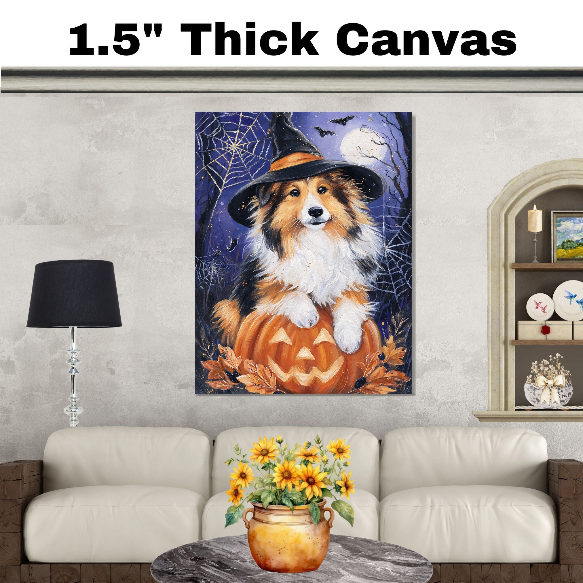 Rough Collie Dog Halloween Canvas Print Wall Hanging Pumpkin Witch Hat Art Gift for Pet Owners on Ready to Hang 1.5" Thick Canvas Wrap, Floating Framed Canvas, Flat Rolled Canvas