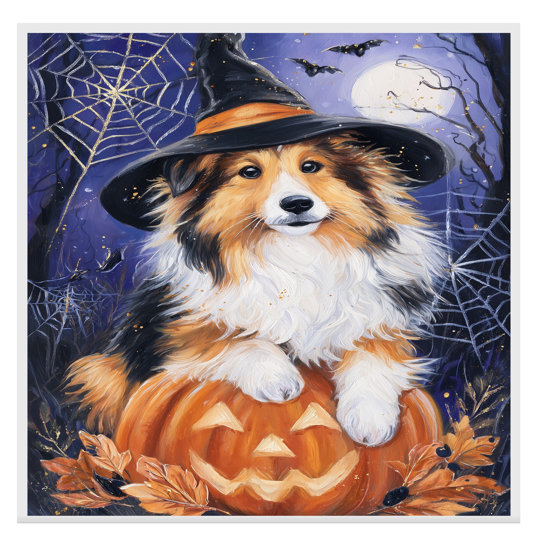 Rough Collie Dog Halloween Canvas Print Wall Hanging Pumpkin Witch Hat Art Gift for Pet Owners on Ready to Hang 1.5" Thick Canvas Wrap, Floating Framed Canvas, Flat Rolled Canvas