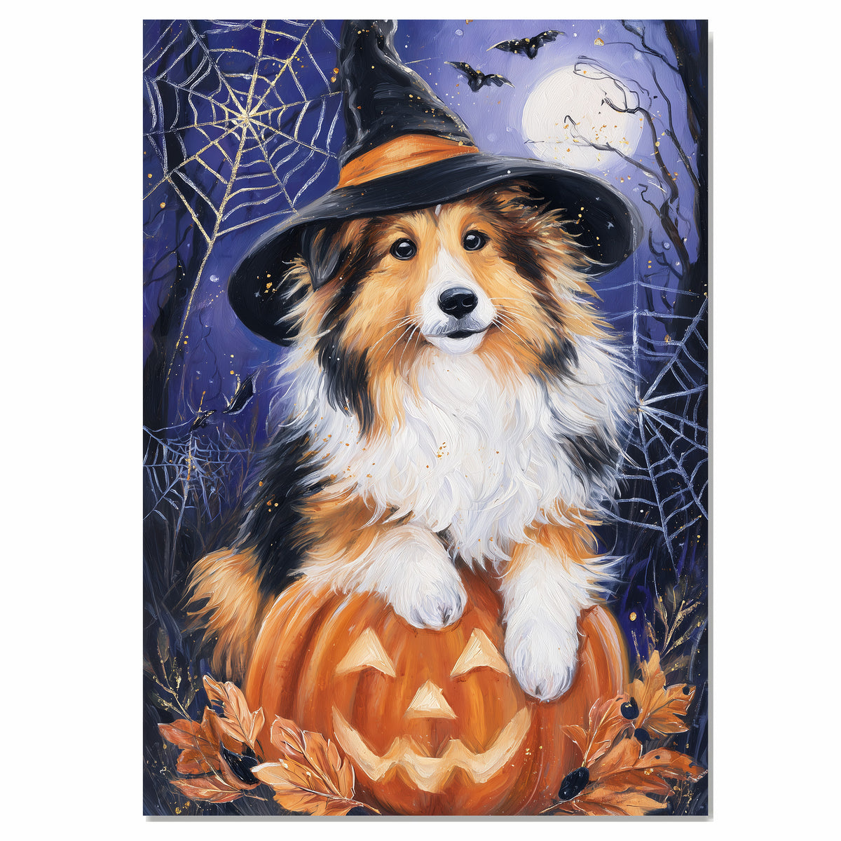 Rough Collie Dog Halloween Canvas Print Wall Hanging Pumpkin Witch Hat Art Gift for Pet Owners on Ready to Hang 1.5" Thick Canvas Wrap, Floating Framed Canvas, Flat Rolled Canvas