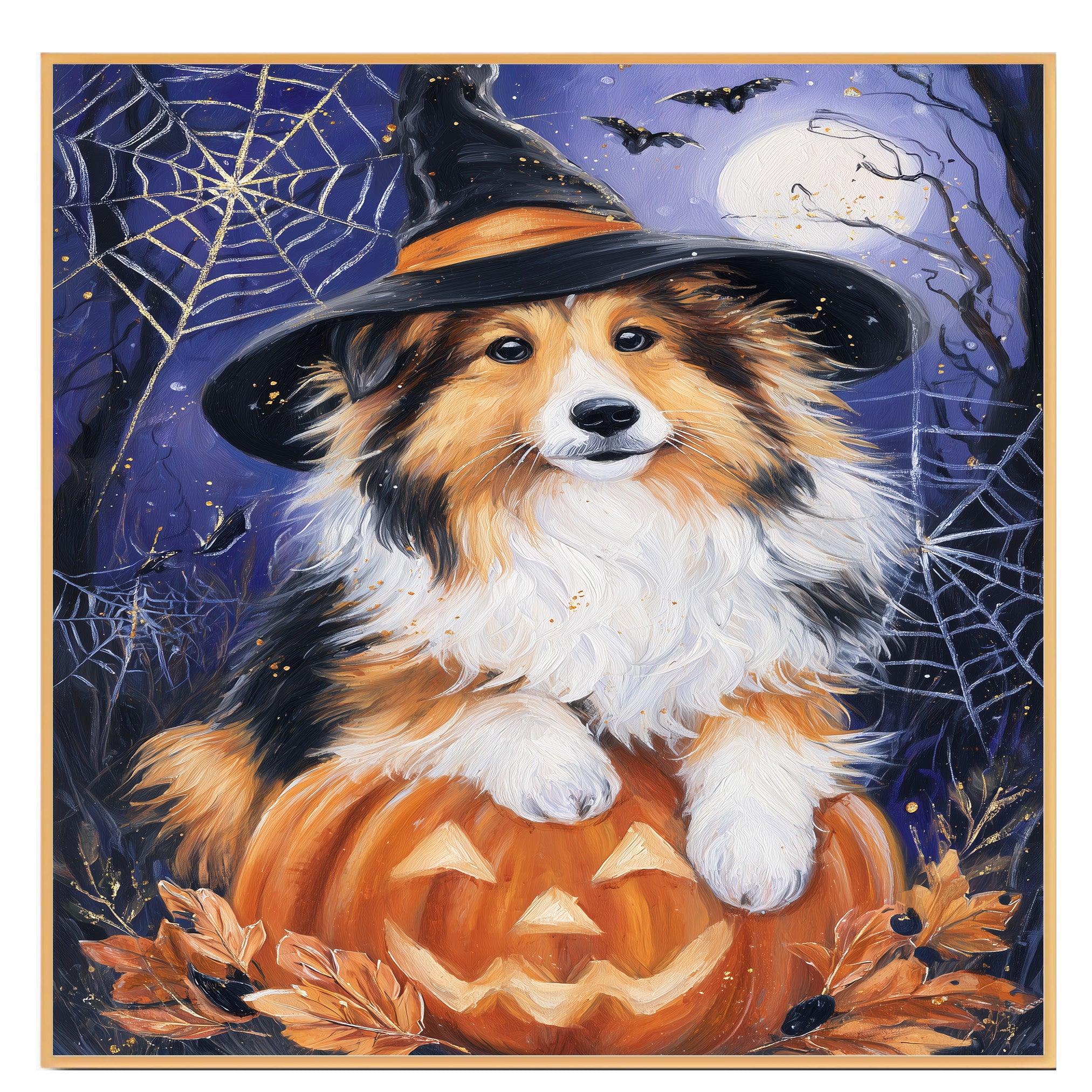 Rough Collie Dog Halloween Canvas Print Wall Hanging Pumpkin Witch Hat Art Gift for Pet Owners on Ready to Hang 1.5" Thick Canvas Wrap, Floating Framed Canvas, Flat Rolled Canvas