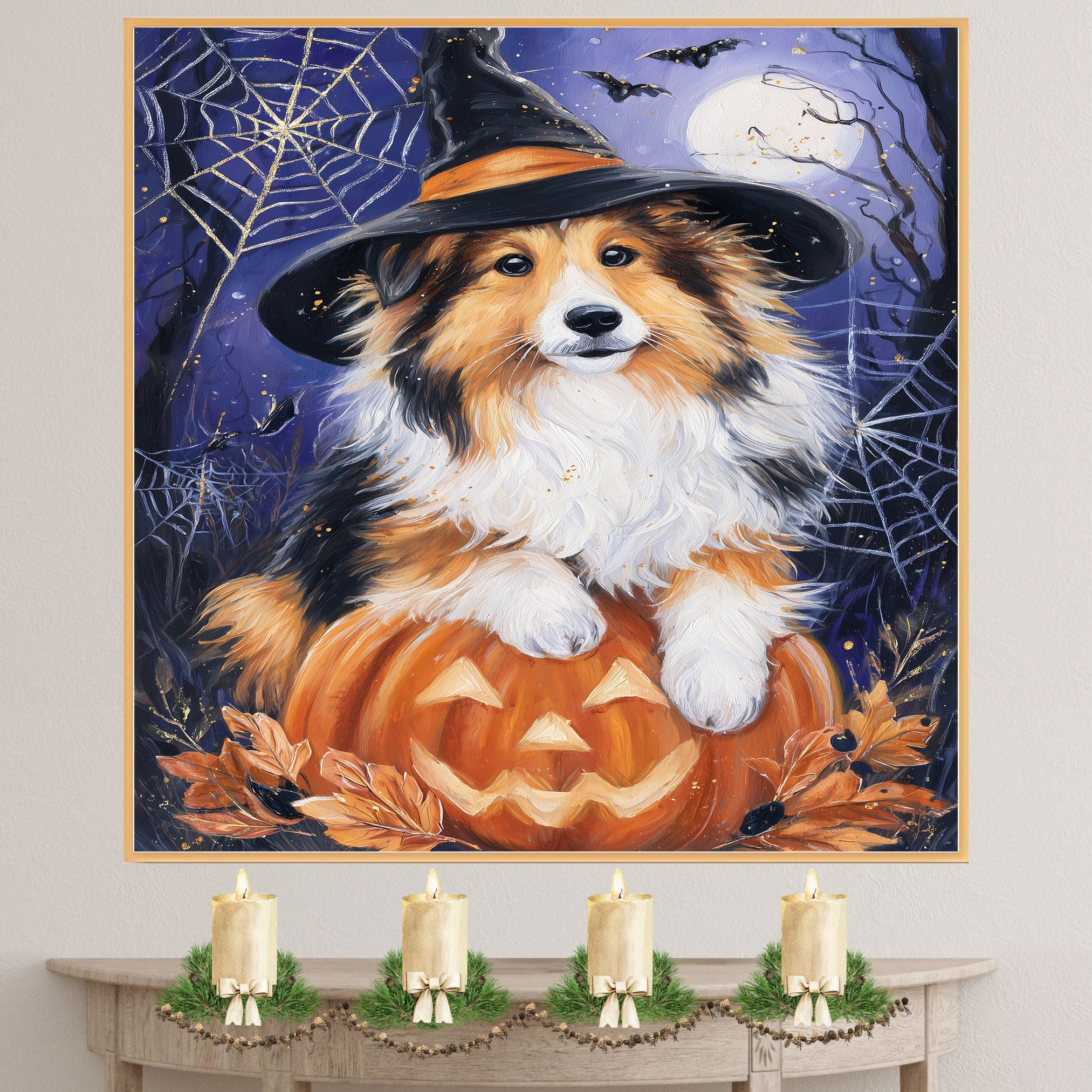 Rough Collie Dog Halloween Canvas Print Wall Hanging Pumpkin Witch Hat Art Gift for Pet Owners on Ready to Hang 1.5" Thick Canvas Wrap, Floating Framed Canvas, Flat Rolled Canvas
