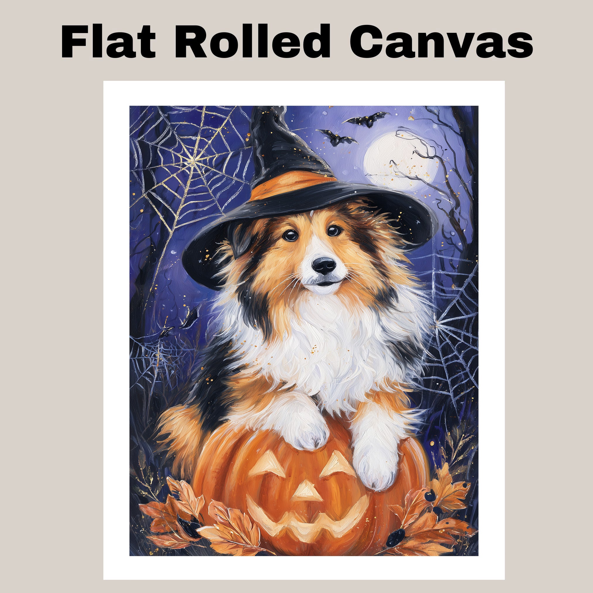 Rough Collie Dog Halloween Canvas Print Wall Hanging Pumpkin Witch Hat Art Gift for Pet Owners on Ready to Hang 1.5" Thick Canvas Wrap, Floating Framed Canvas, Flat Rolled Canvas