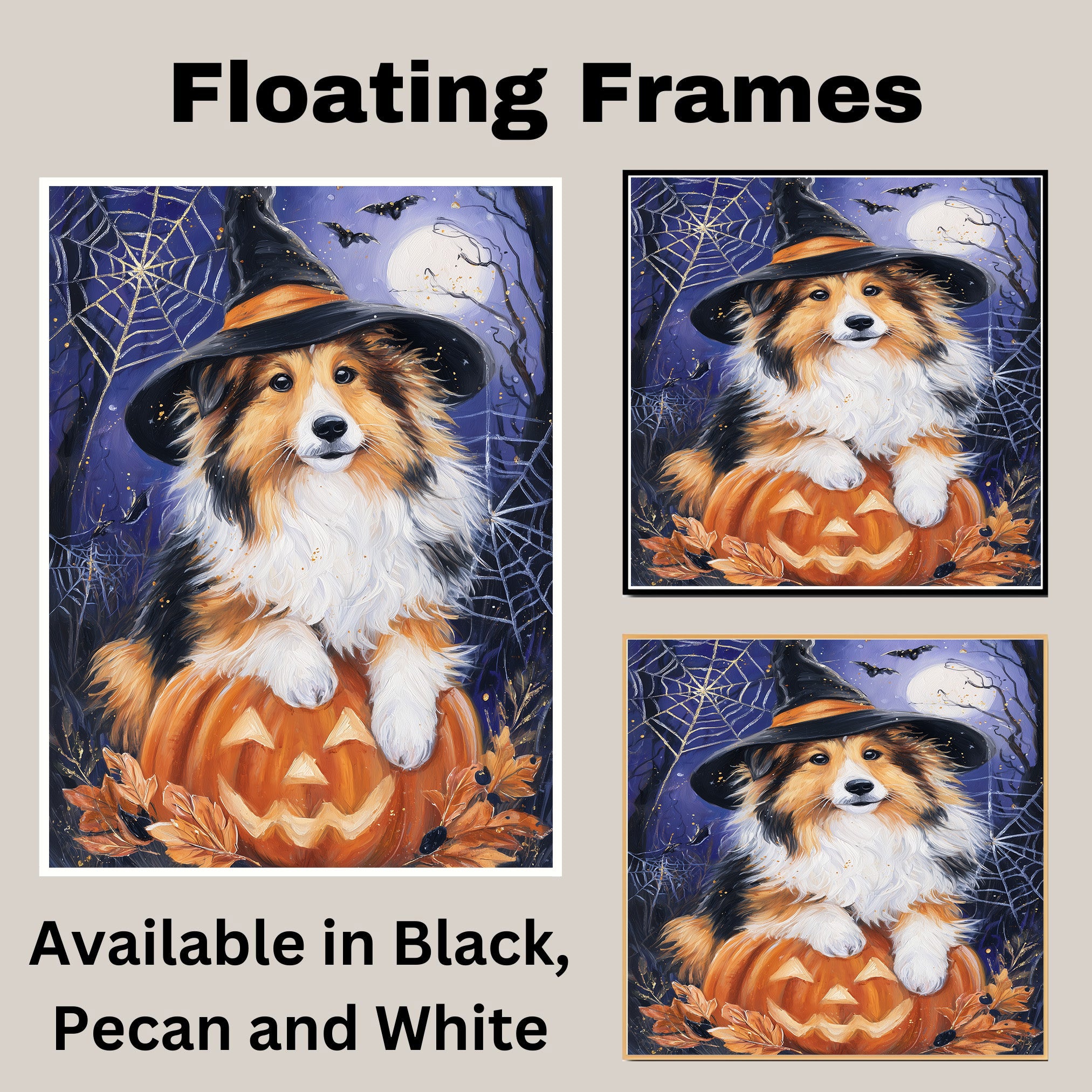 Rough Collie Dog Halloween Canvas Print Wall Hanging Pumpkin Witch Hat Art Gift for Pet Owners on Ready to Hang 1.5" Thick Canvas Wrap, Floating Framed Canvas, Flat Rolled Canvas
