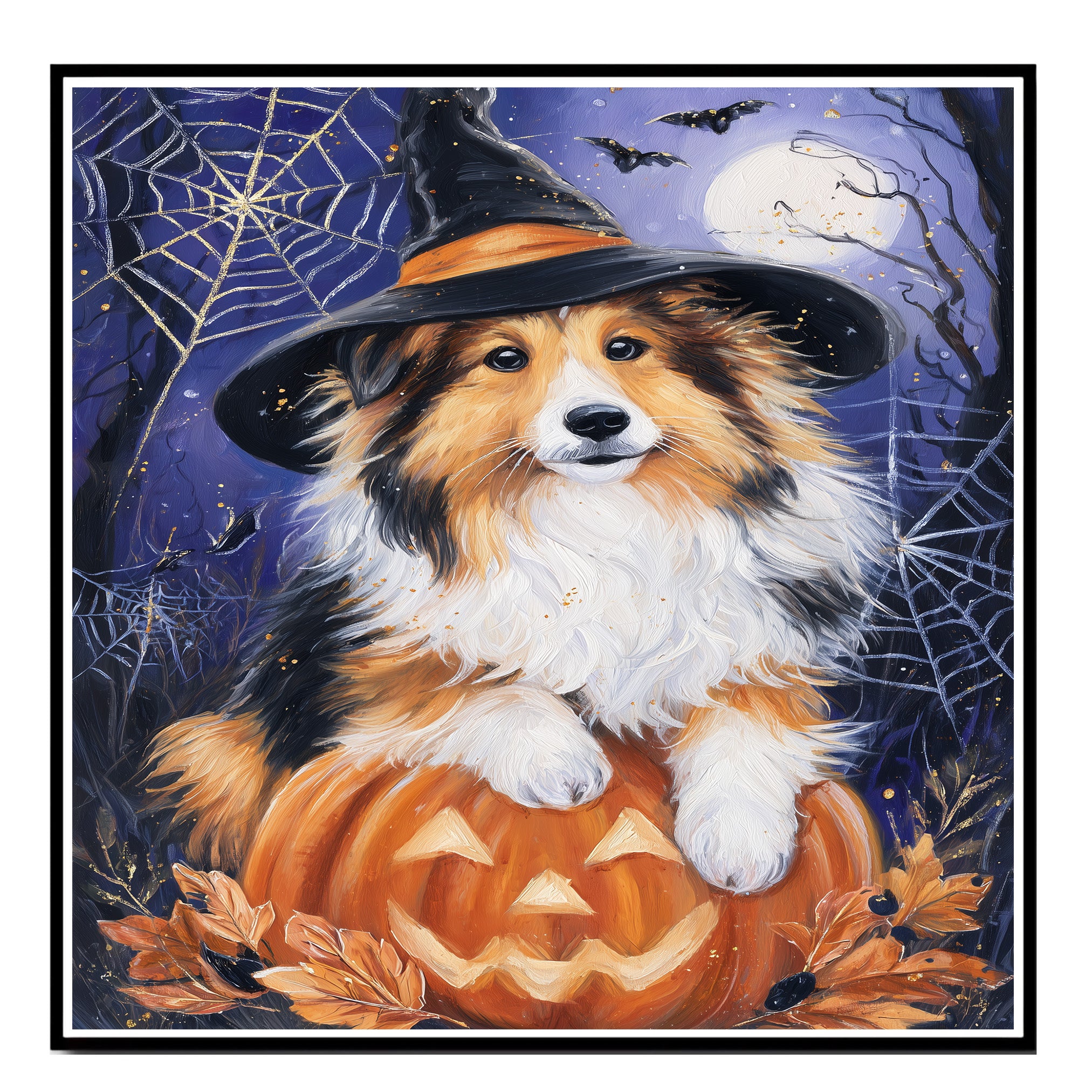Rough Collie Dog Halloween Canvas Print Wall Hanging Pumpkin Witch Hat Art Gift for Pet Owners on Ready to Hang 1.5" Thick Canvas Wrap, Floating Framed Canvas, Flat Rolled Canvas