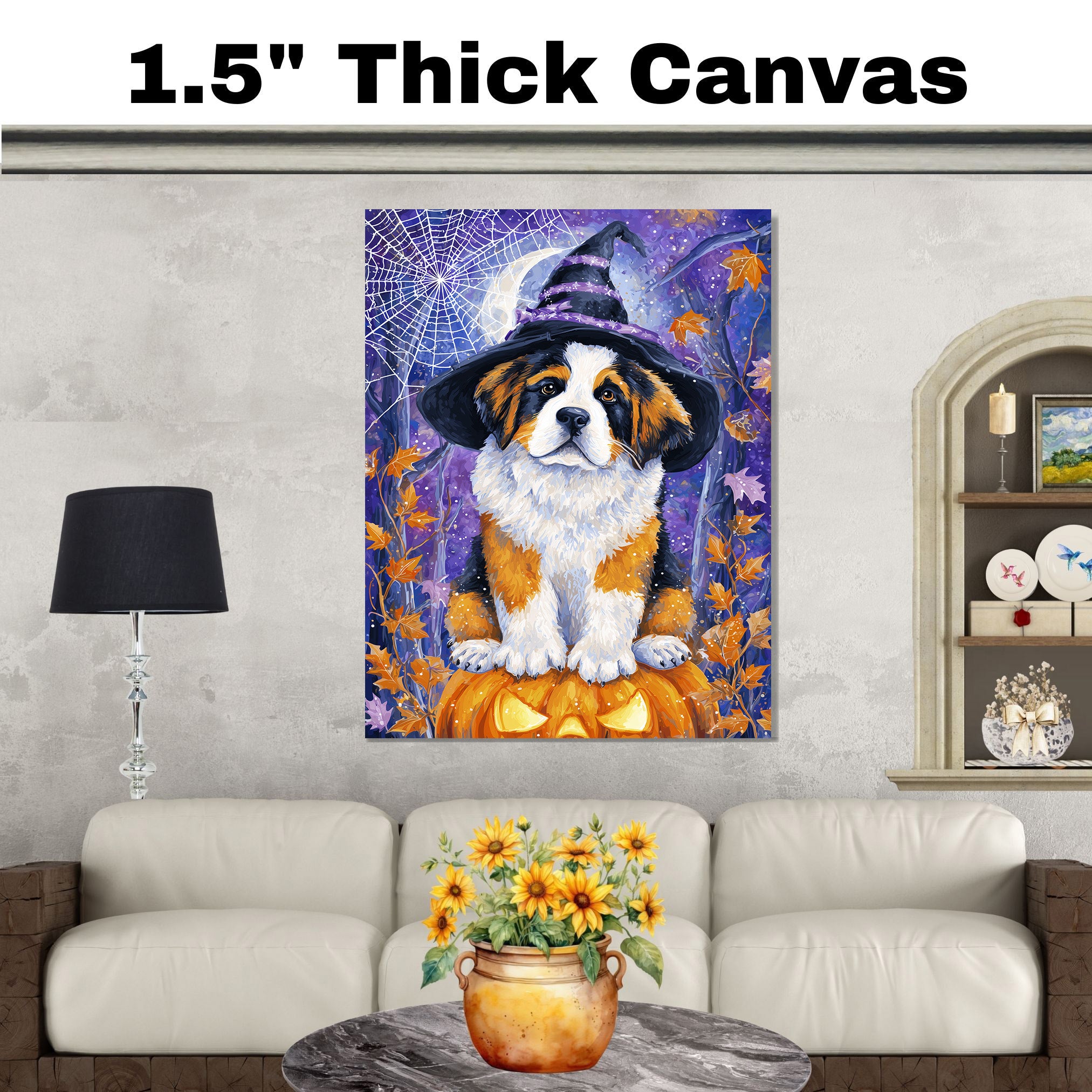 Saint Bernard Dog Halloween Canvas Print with Witch Hat Bat Spider Web Art Decor for Pet Lovers on Ready to Hang 1.5" Thick Canvas Wrap, Floating Framed Canvas, Flat Rolled Canvas