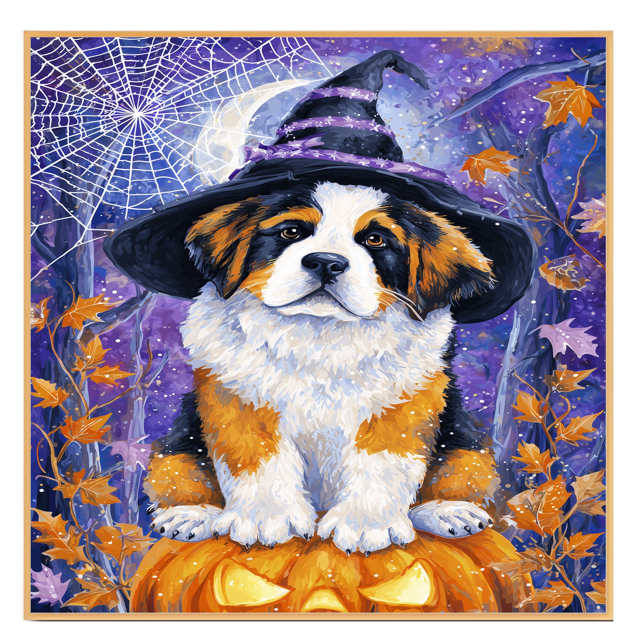 Saint Bernard Dog Halloween Canvas Print with Witch Hat Bat Spider Web Art Decor for Pet Lovers on Ready to Hang 1.5" Thick Canvas Wrap, Floating Framed Canvas, Flat Rolled Canvas
