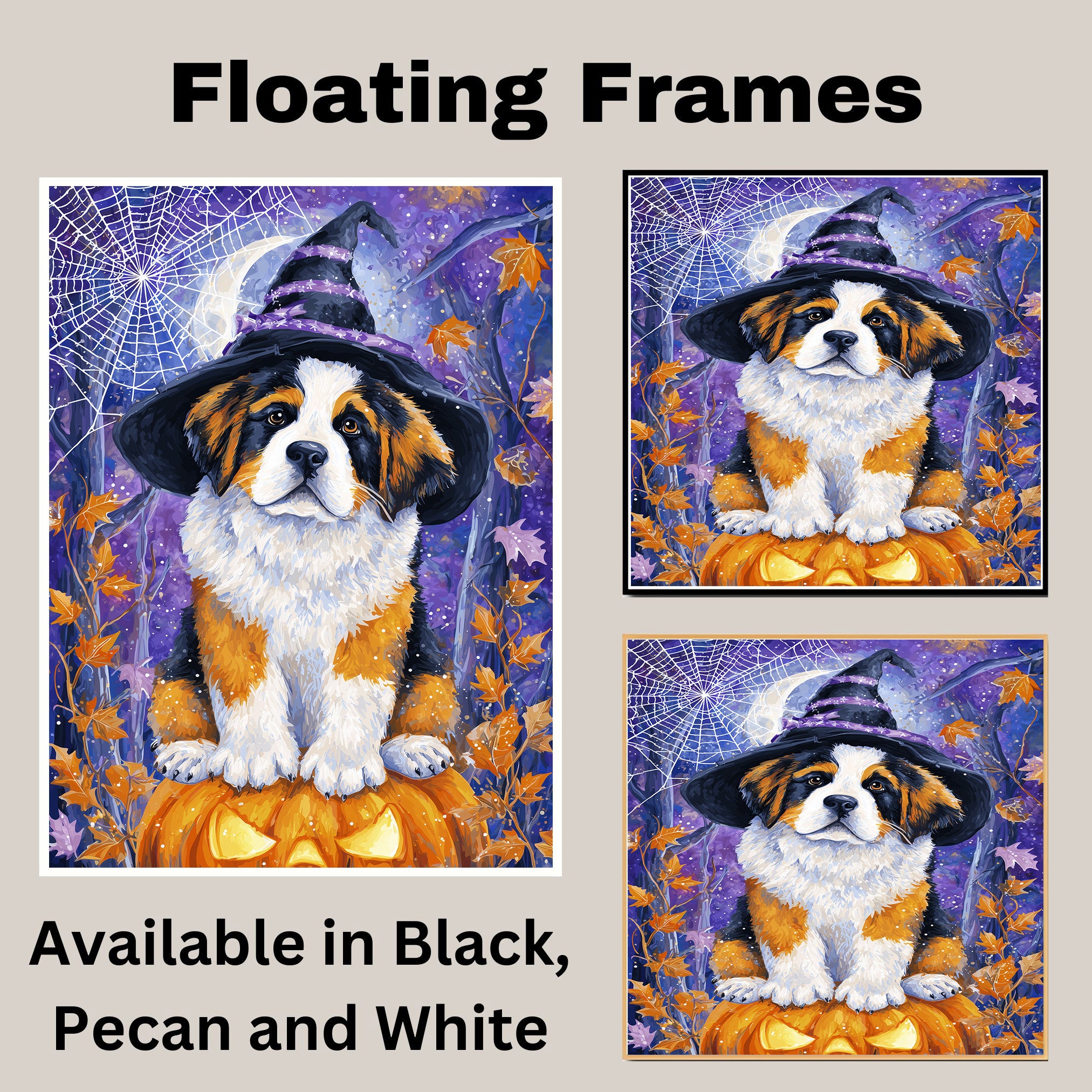 Saint Bernard Dog Halloween Canvas Print with Witch Hat Bat Spider Web Art Decor for Pet Lovers on Ready to Hang 1.5" Thick Canvas Wrap, Floating Framed Canvas, Flat Rolled Canvas