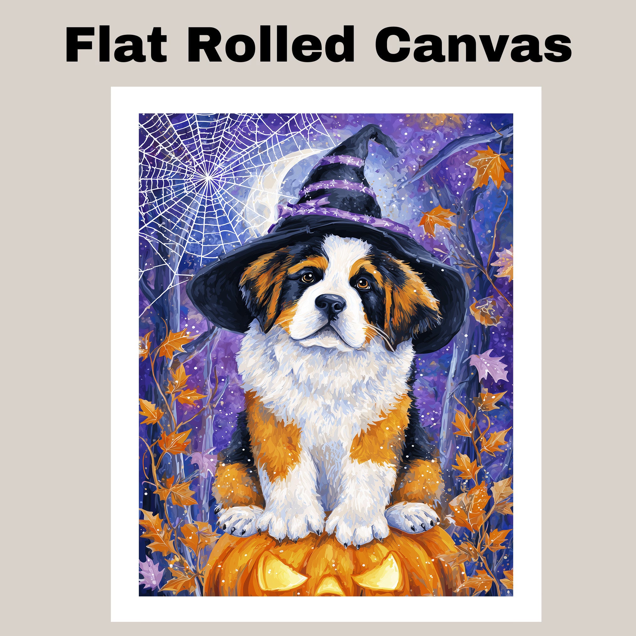 Saint Bernard Dog Halloween Canvas Print with Witch Hat Bat Spider Web Art Decor for Pet Lovers on Ready to Hang 1.5" Thick Canvas Wrap, Floating Framed Canvas, Flat Rolled Canvas