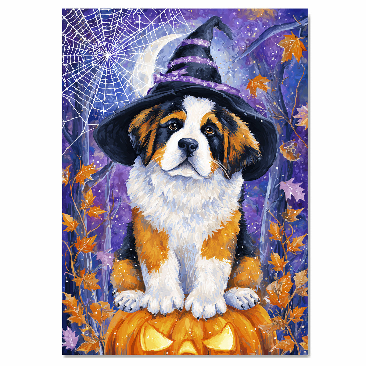 Saint Bernard Dog Halloween Canvas Print with Witch Hat Bat Spider Web Art Decor for Pet Lovers on Ready to Hang 1.5" Thick Canvas Wrap, Floating Framed Canvas, Flat Rolled Canvas