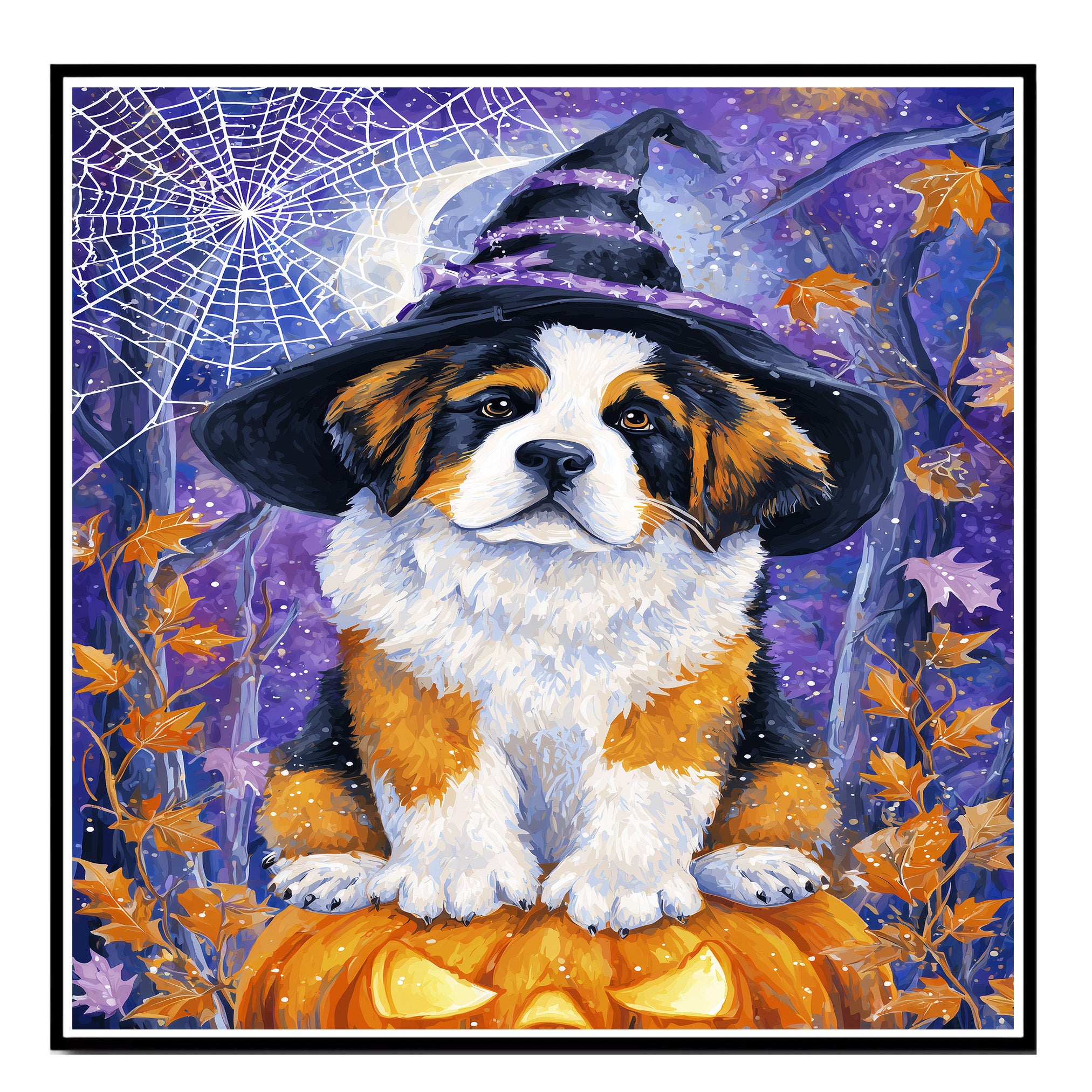 Saint Bernard Dog Halloween Canvas Print with Witch Hat Bat Spider Web Art Decor for Pet Lovers on Ready to Hang 1.5" Thick Canvas Wrap, Floating Framed Canvas, Flat Rolled Canvas