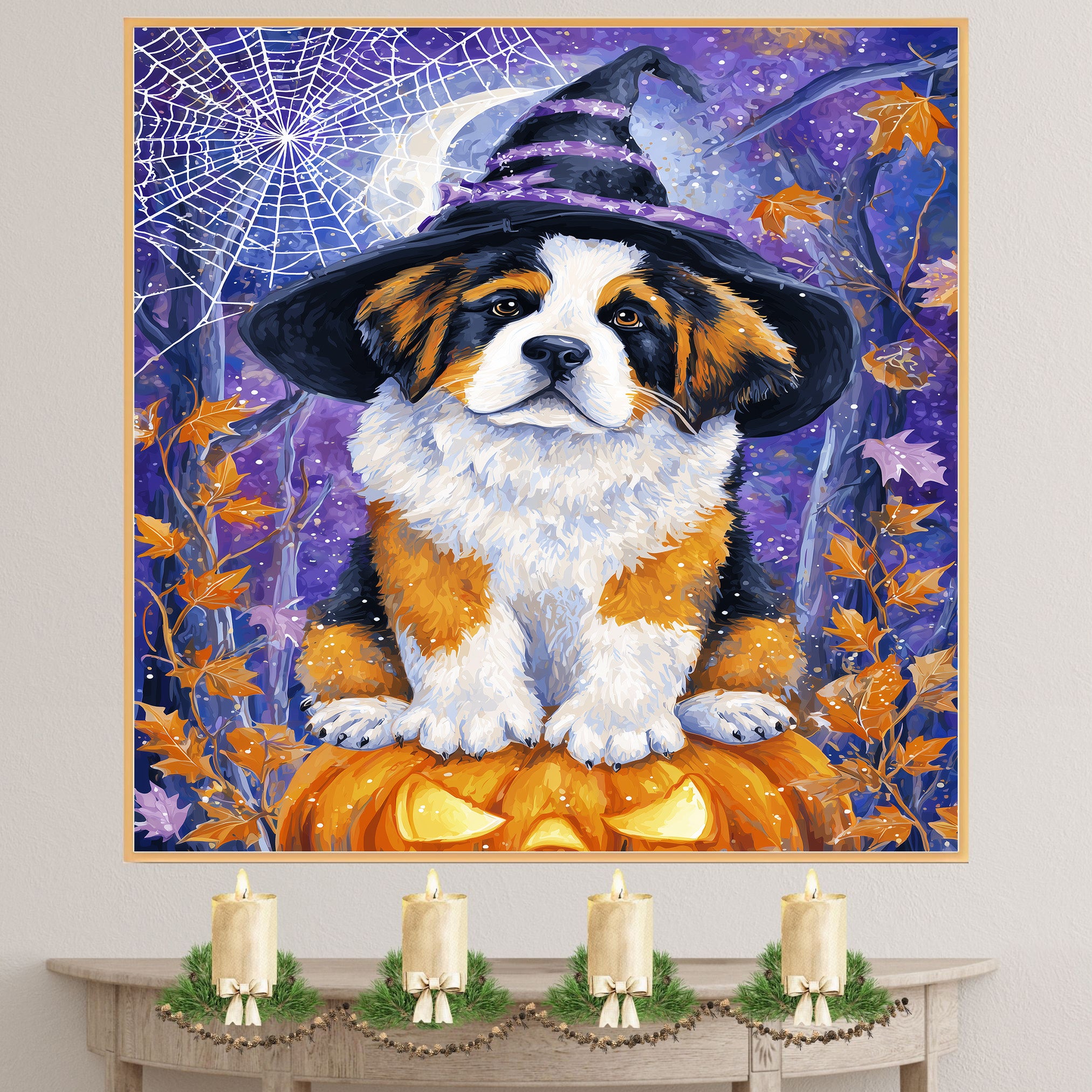 Saint Bernard Dog Halloween Canvas Print with Witch Hat Bat Spider Web Art Decor for Pet Lovers on Ready to Hang 1.5" Thick Canvas Wrap, Floating Framed Canvas, Flat Rolled Canvas