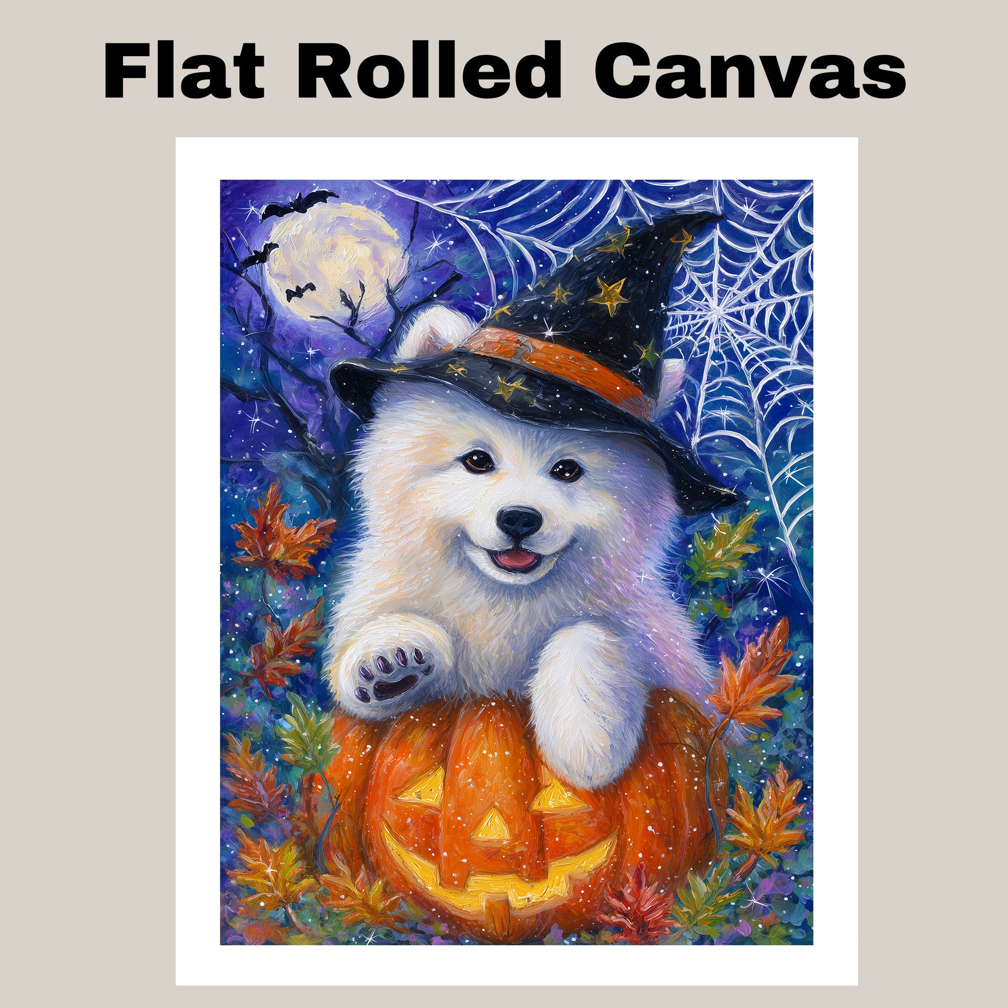 Samoyed Dog Halloween Canvas Wall Art Cute Puppy in Witch Hat Pumpkin Fall Home Decor for Pet Lovers on Ready to Hang 1.5" Thick Canvas Wrap, Floating Framed Canvas, Flat Rolled Canvas