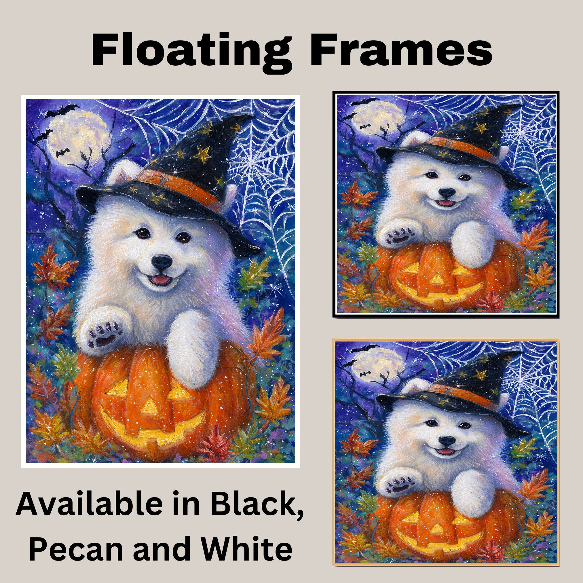 Samoyed Dog Halloween Canvas Wall Art Cute Puppy in Witch Hat Pumpkin Fall Home Decor for Pet Lovers on Ready to Hang 1.5" Thick Canvas Wrap, Floating Framed Canvas, Flat Rolled Canvas