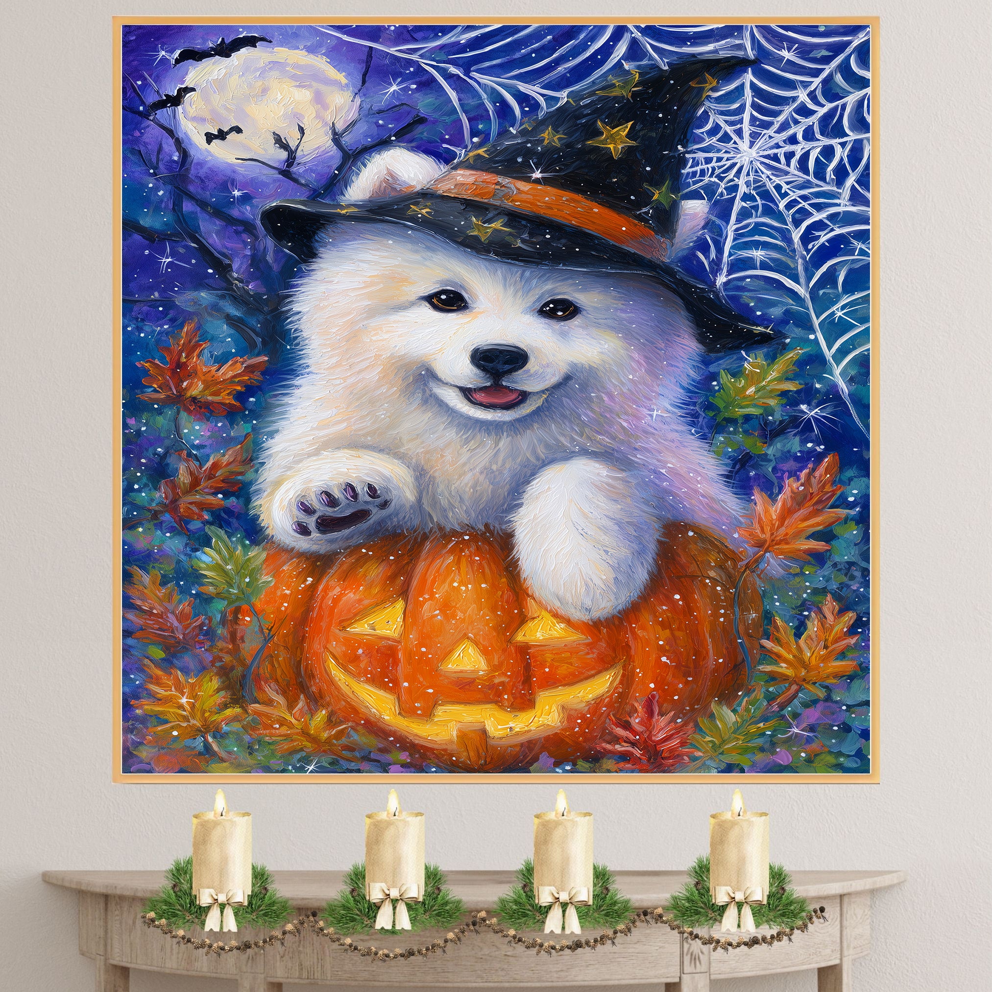 Samoyed Dog Halloween Canvas Wall Art Cute Puppy in Witch Hat Pumpkin Fall Home Decor for Pet Lovers on Ready to Hang 1.5" Thick Canvas Wrap, Floating Framed Canvas, Flat Rolled Canvas