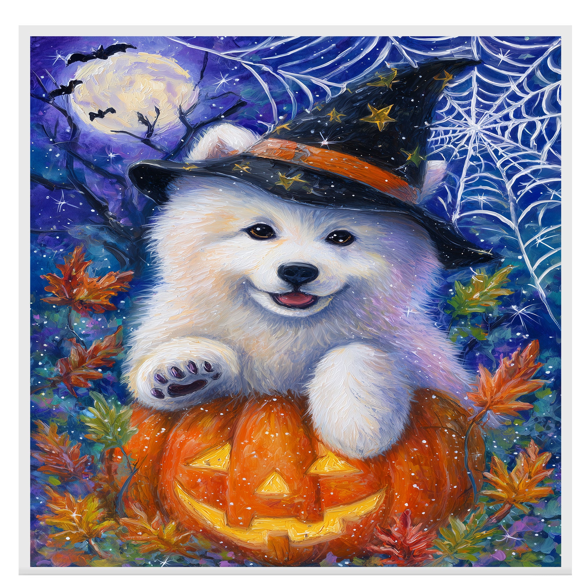 Samoyed Dog Halloween Canvas Wall Art Cute Puppy in Witch Hat Pumpkin Fall Home Decor for Pet Lovers on Ready to Hang 1.5" Thick Canvas Wrap, Floating Framed Canvas, Flat Rolled Canvas