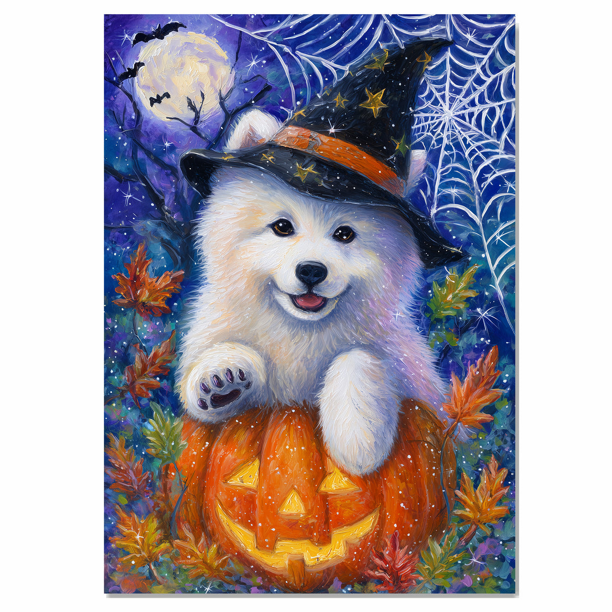 Samoyed Dog Halloween Canvas Wall Art Cute Puppy in Witch Hat Pumpkin Fall Home Decor for Pet Lovers on Ready to Hang 1.5" Thick Canvas Wrap, Floating Framed Canvas, Flat Rolled Canvas