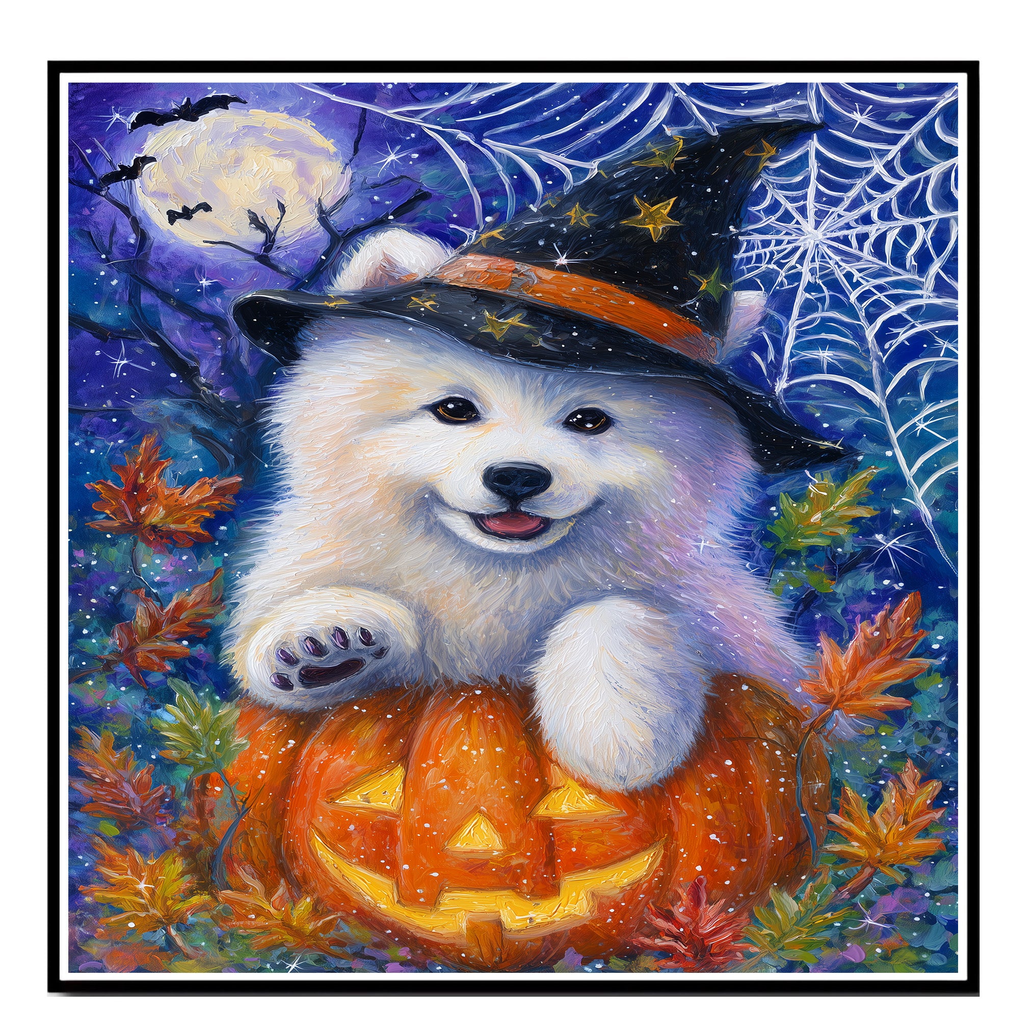 Samoyed Dog Halloween Canvas Wall Art Cute Puppy in Witch Hat Pumpkin Fall Home Decor for Pet Lovers on Ready to Hang 1.5" Thick Canvas Wrap, Floating Framed Canvas, Flat Rolled Canvas