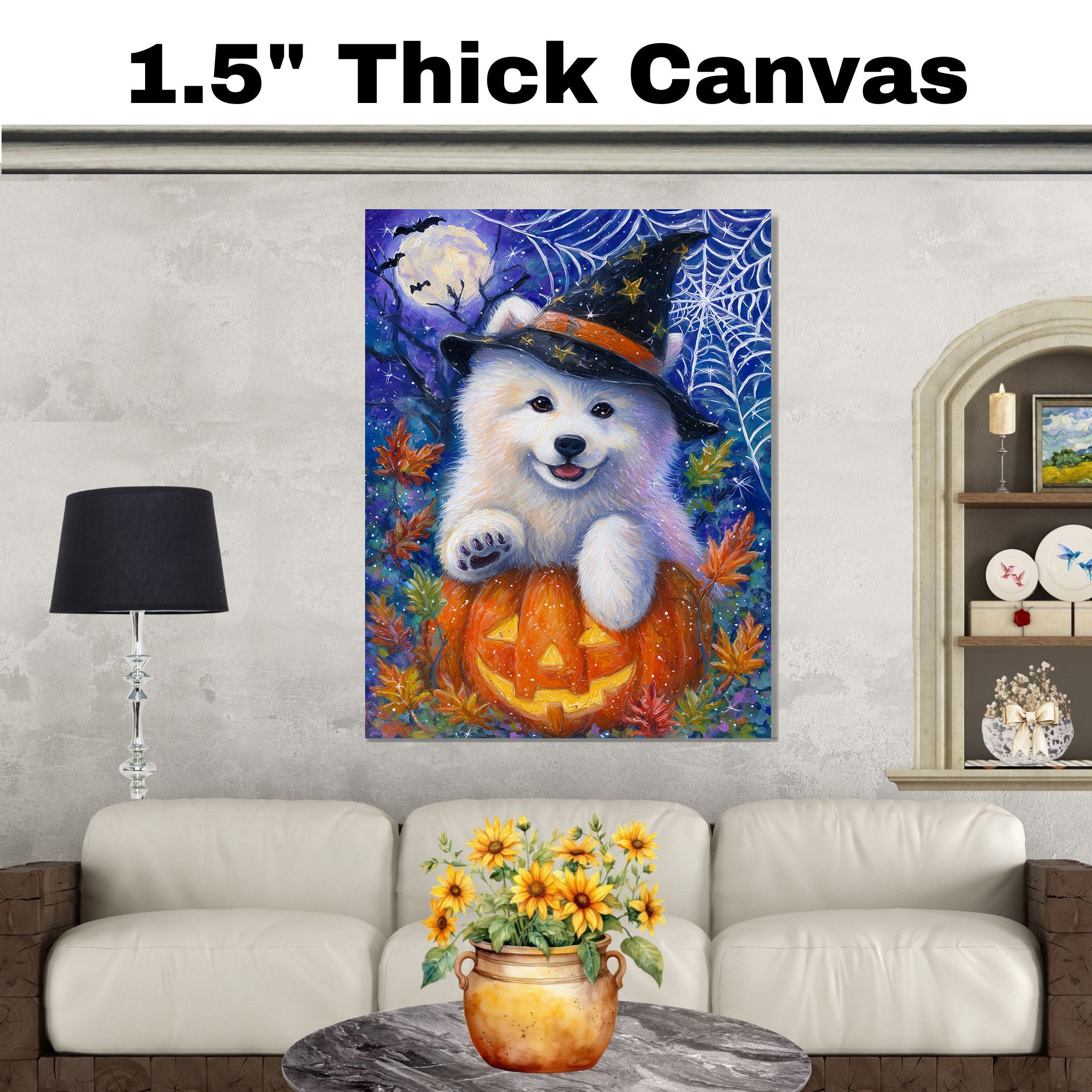 Samoyed Dog Halloween Canvas Wall Art Cute Puppy in Witch Hat Pumpkin Fall Home Decor for Pet Lovers on Ready to Hang 1.5" Thick Canvas Wrap, Floating Framed Canvas, Flat Rolled Canvas