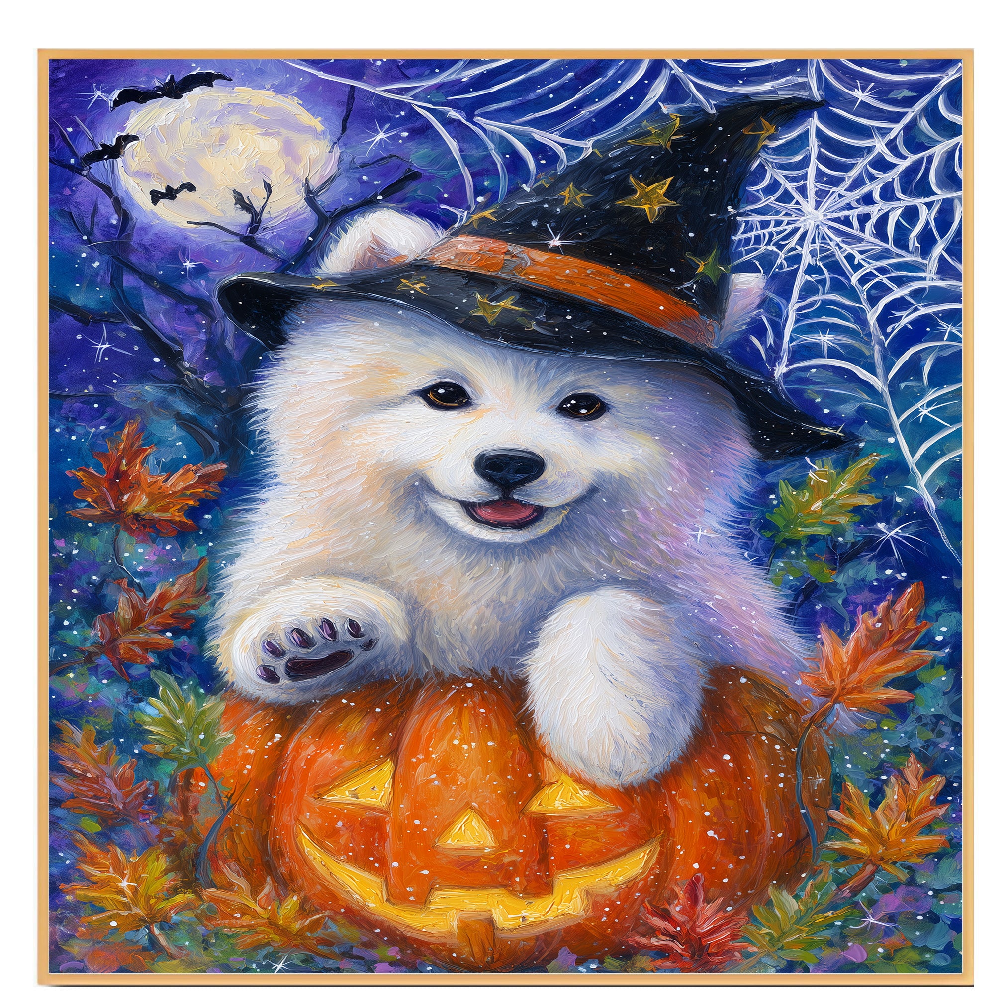 Samoyed Dog Halloween Canvas Wall Art Cute Puppy in Witch Hat Pumpkin Fall Home Decor for Pet Lovers on Ready to Hang 1.5" Thick Canvas Wrap, Floating Framed Canvas, Flat Rolled Canvas