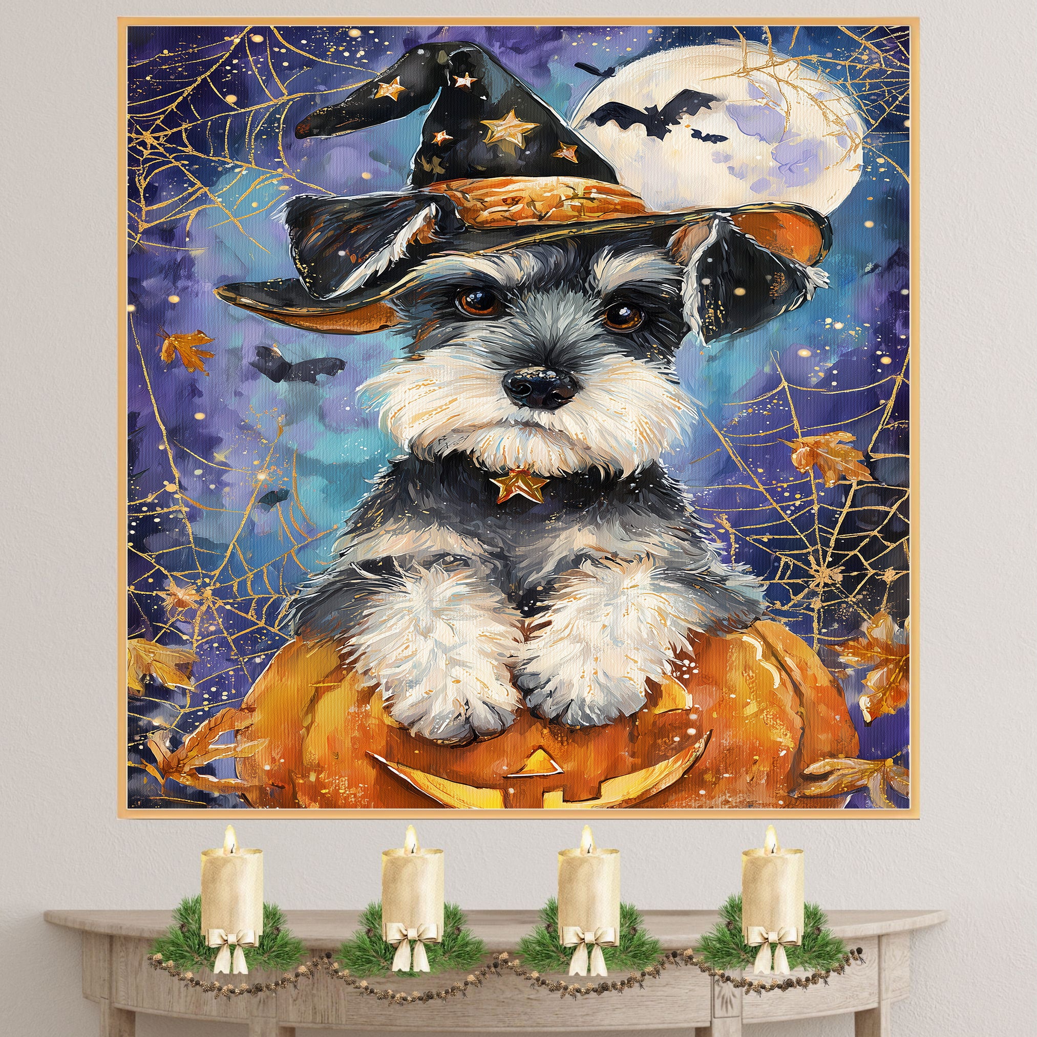 Schnauzer Dog Framed Hanging Wall Decor for Pet Lovers Home Bedroom Gifts for Halloween Indoor Art on Ready to Hang 1.5" Thick Canvas Wrap, Floating Framed Canvas, Flat Rolled Canvas