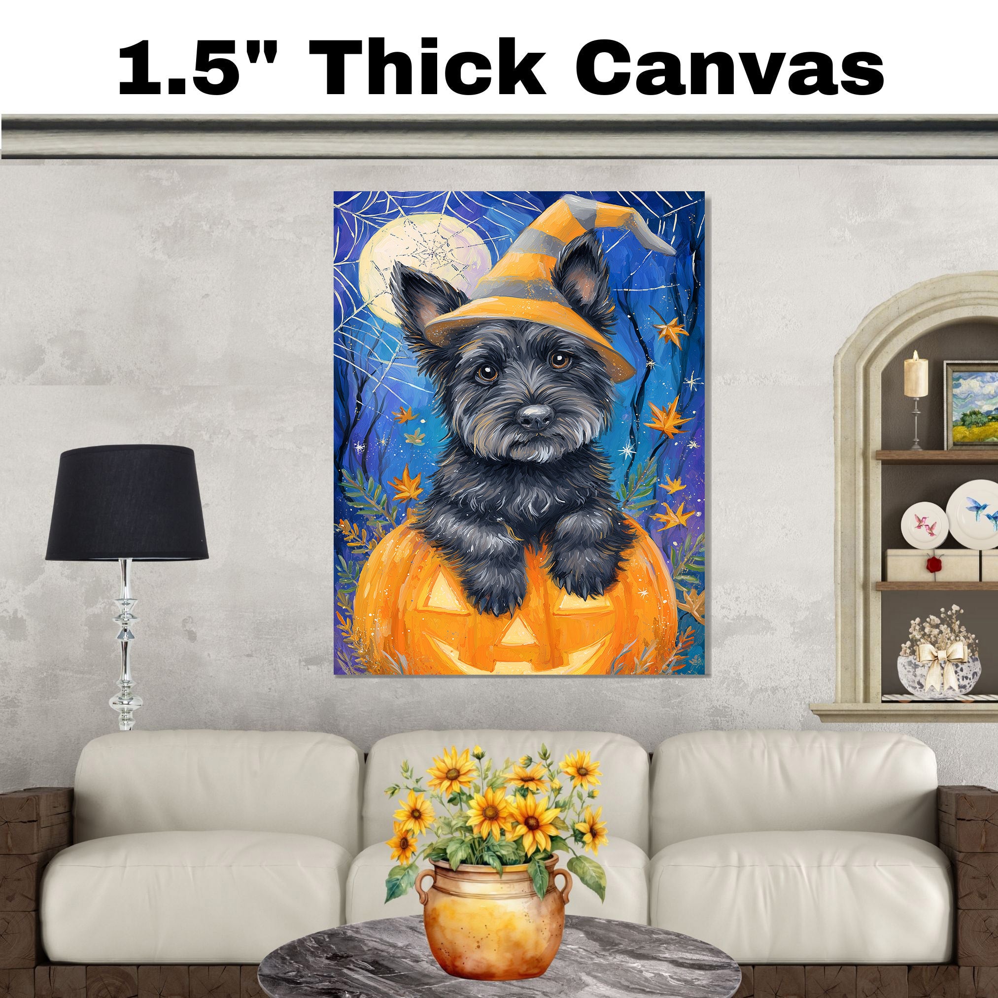 Halloween Scottish Terrier Dog Rustic Fall Canvas Prints Decorations for Dog Mom's Hanging Wall Décor on Ready to Hang 1.5" Thick Canvas Wrap, Floating Framed Canvas, Flat Rolled Canvas