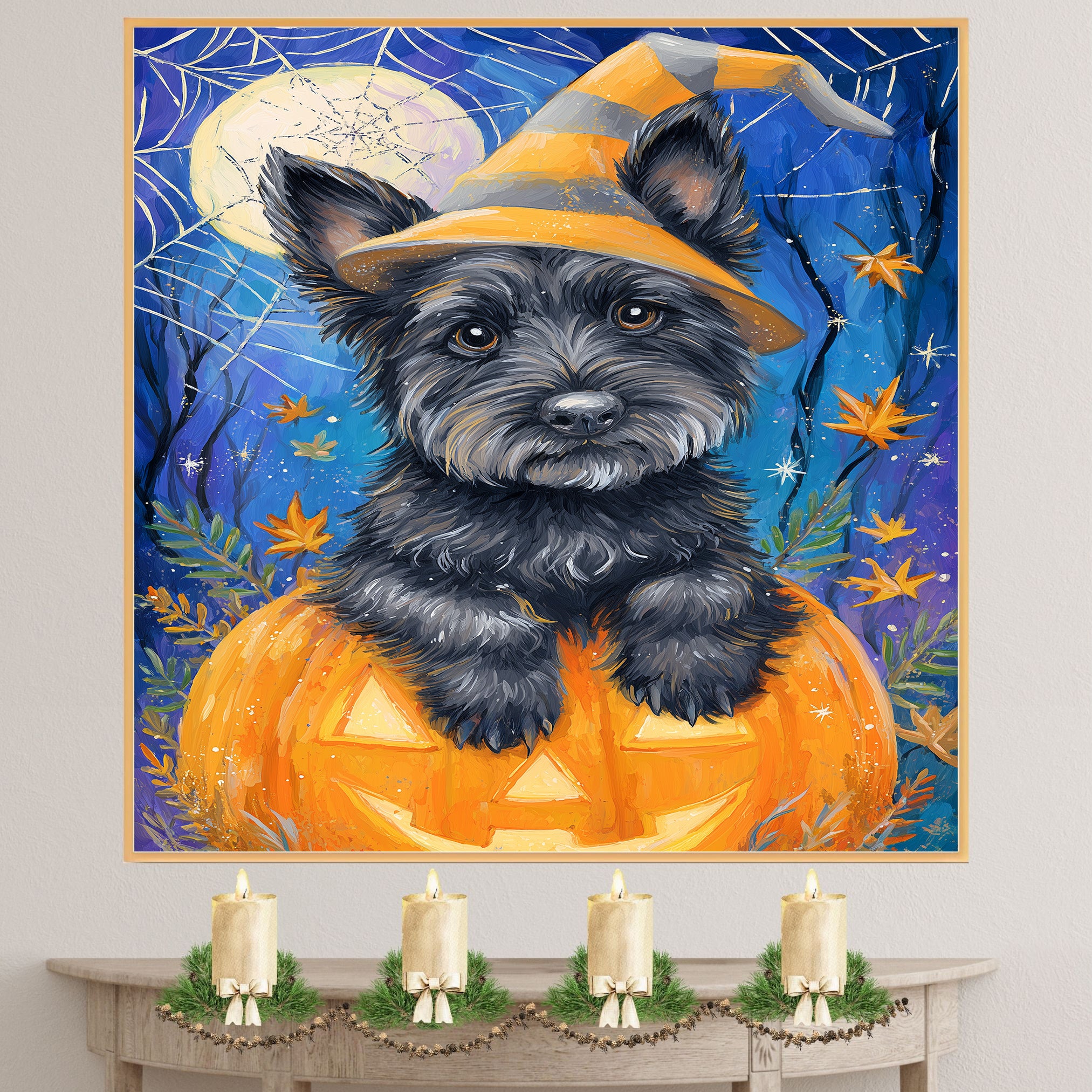 Halloween Scottish Terrier Dog Rustic Fall Canvas Prints Decorations for Dog Mom's Hanging Wall Décor on Ready to Hang 1.5" Thick Canvas Wrap, Floating Framed Canvas, Flat Rolled Canvas