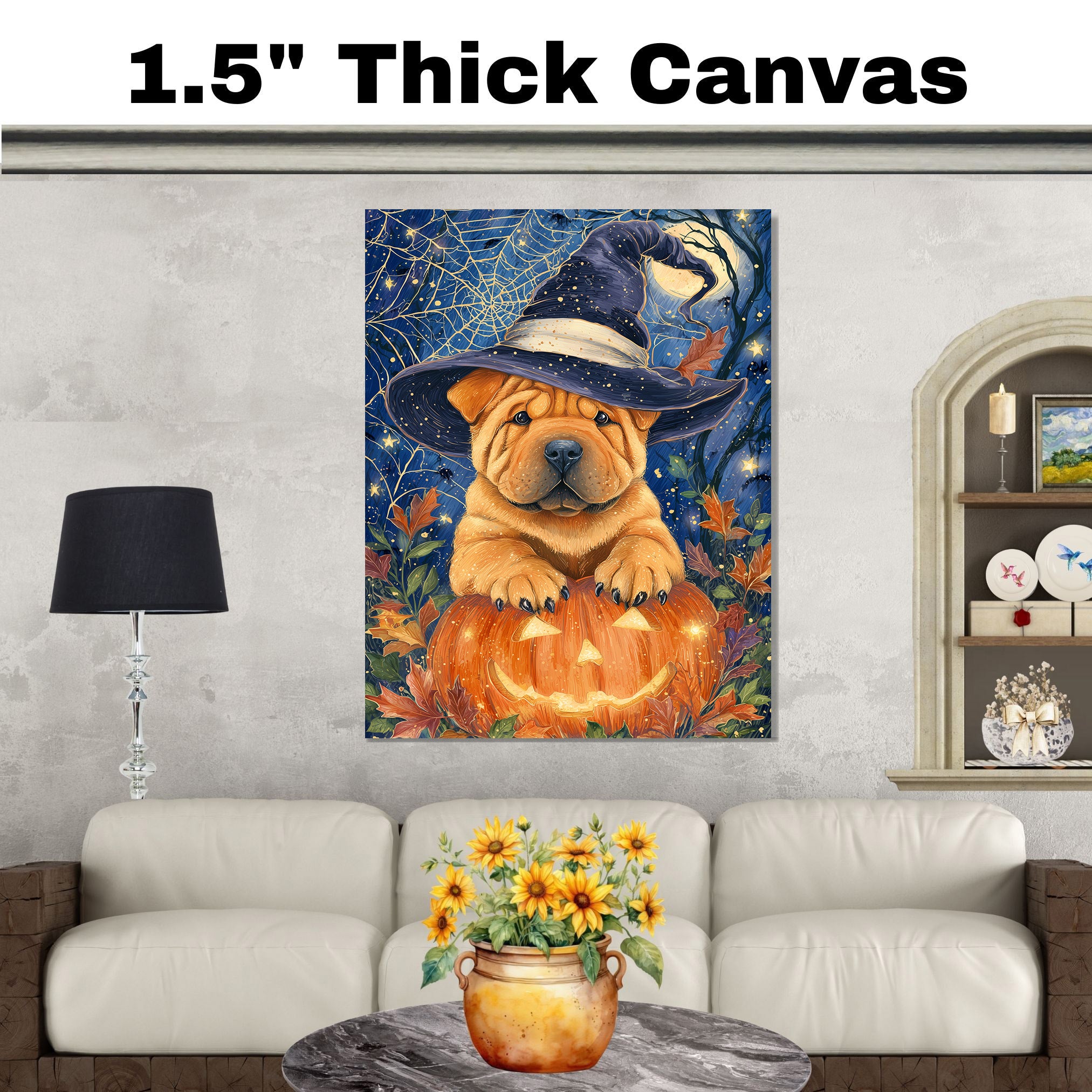 Shar Pei Dog Autumn Maple Leaf Canvas Prints Decorations for Thanksgiving Gifts Ideas for Living Room on Ready to Hang 1.5" Thick Canvas Wrap, Floating Framed Canvas, Flat Rolled Canvas
