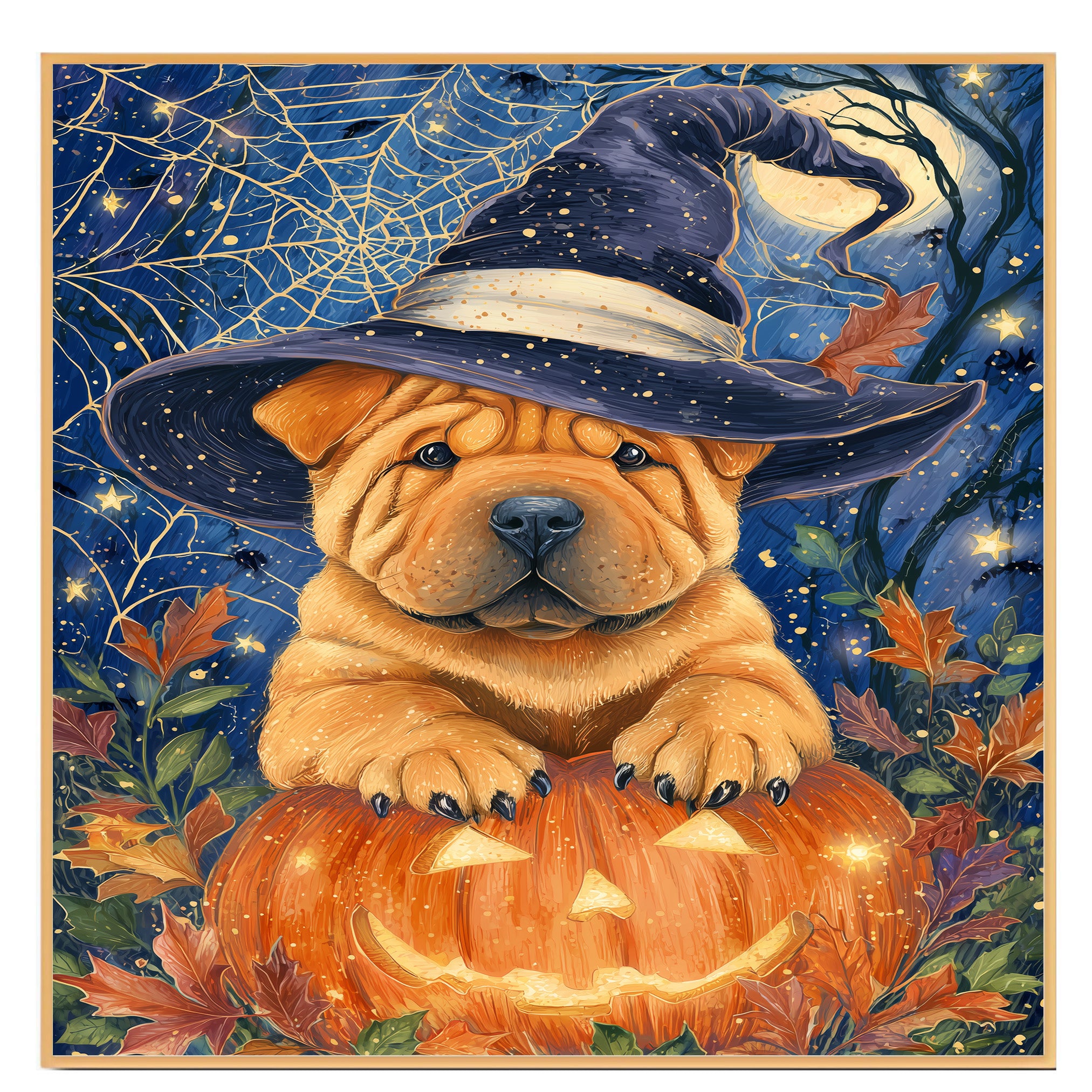 Shar Pei Dog Autumn Maple Leaf Canvas Prints Decorations for Thanksgiving Gifts Ideas for Living Room on Ready to Hang 1.5" Thick Canvas Wrap, Floating Framed Canvas, Flat Rolled Canvas