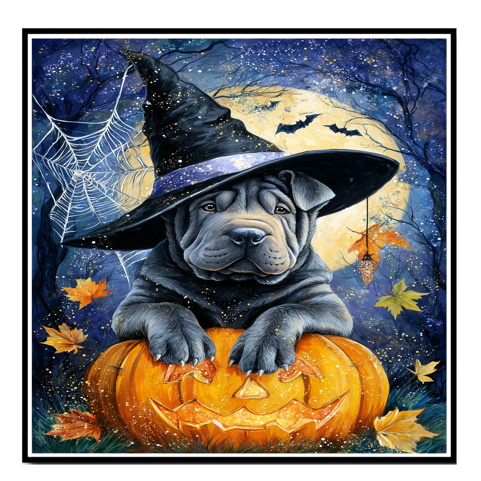 Shar Pei Wall Art Happy Halloween Canvas Decor Pumpkin Spider Web Artwork Print Poster Party Decoration on Ready to Hang 1.5" Thick Canvas Wrap, Floating Framed Canvas, Flat Rolled Canvas