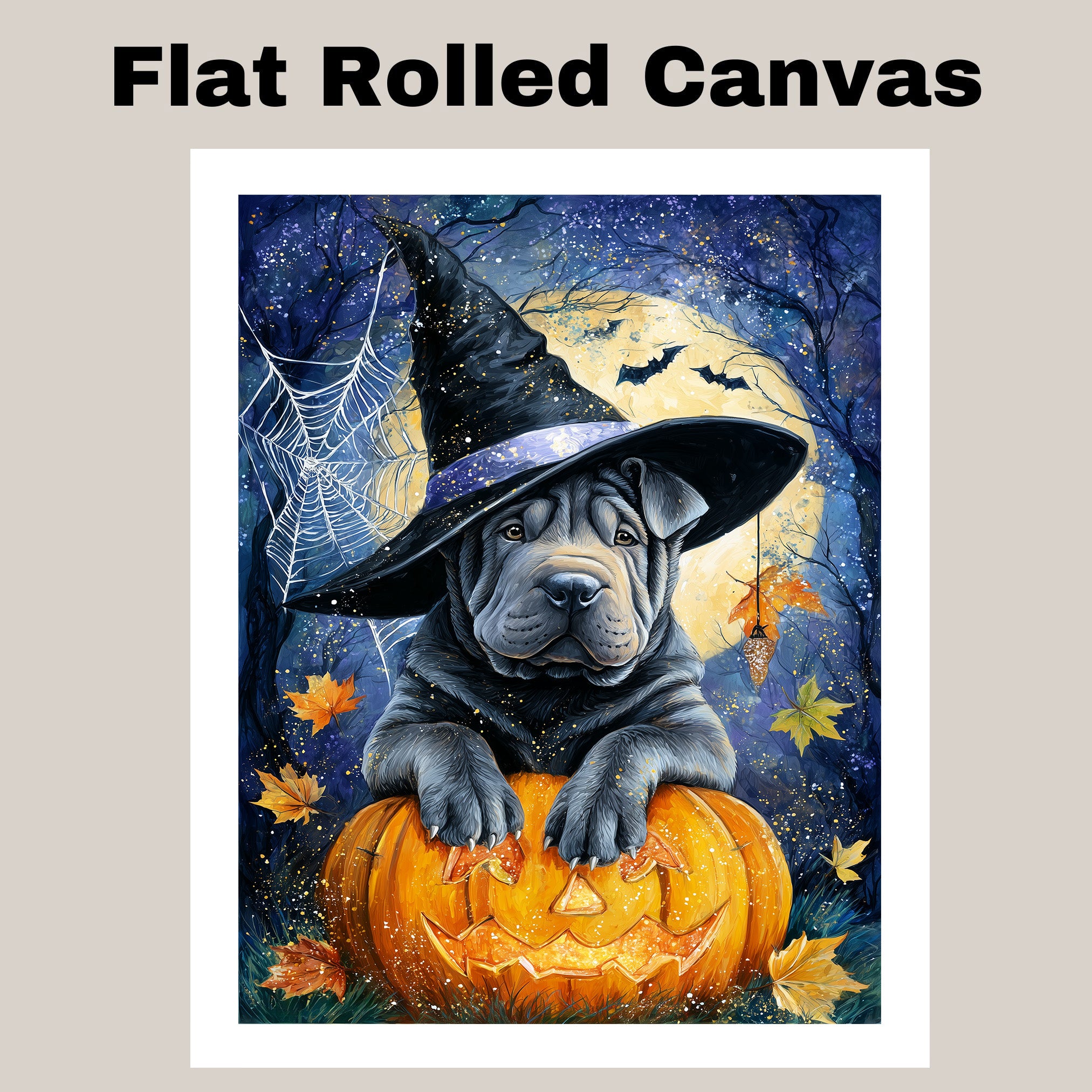 Shar Pei Wall Art Happy Halloween Canvas Decor Pumpkin Spider Web Artwork Print Poster Party Decoration on Ready to Hang 1.5" Thick Canvas Wrap, Floating Framed Canvas, Flat Rolled Canvas