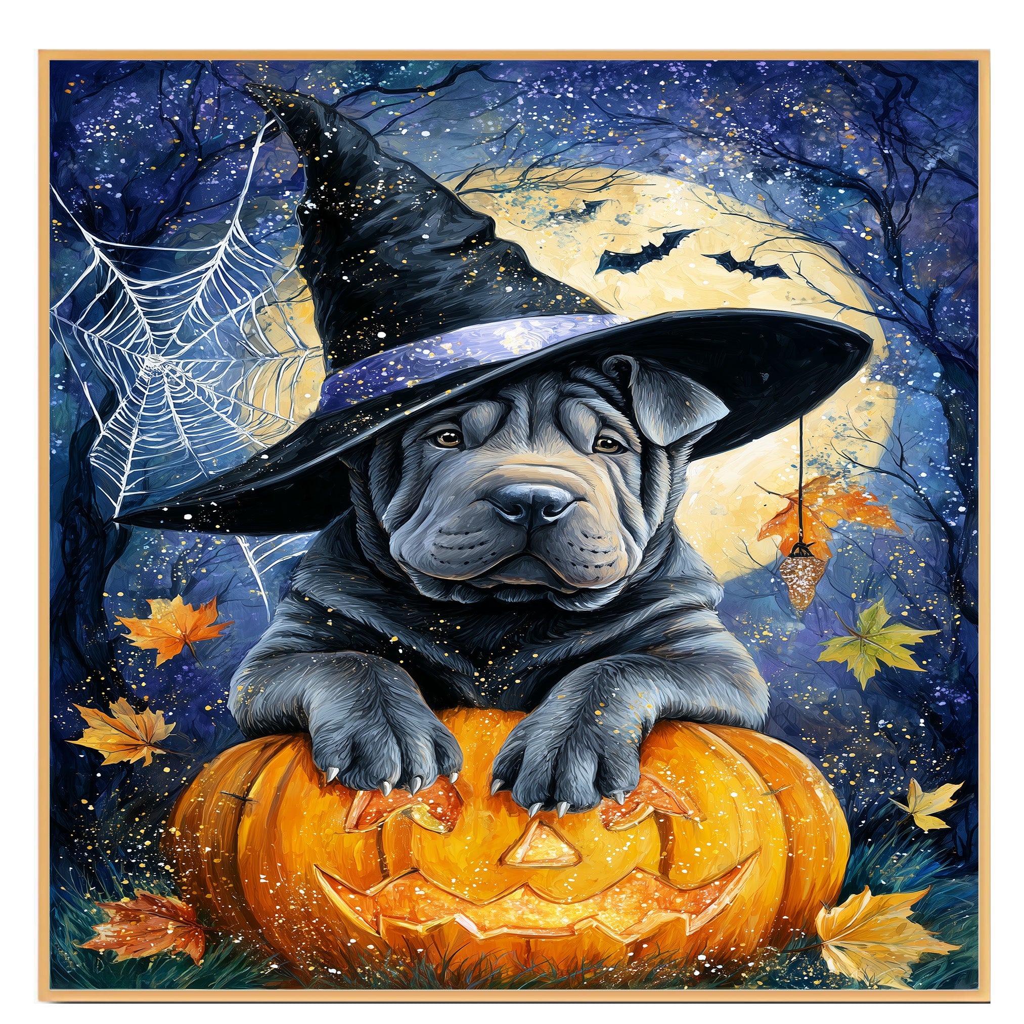 Shar Pei Wall Art Happy Halloween Canvas Decor Pumpkin Spider Web Artwork Print Poster Party Decoration on Ready to Hang 1.5" Thick Canvas Wrap, Floating Framed Canvas, Flat Rolled Canvas
