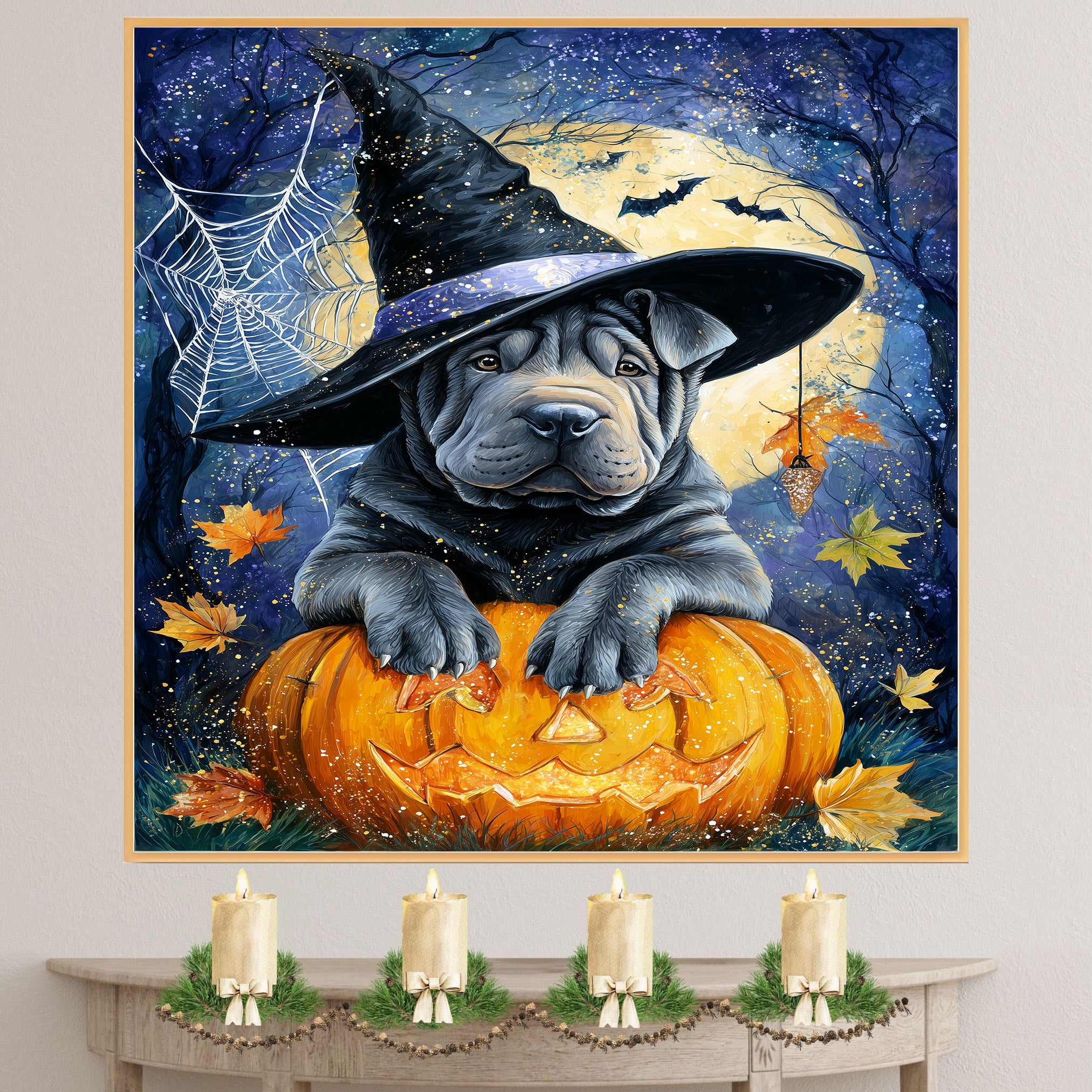 Shar Pei Wall Art Happy Halloween Canvas Decor Pumpkin Spider Web Artwork Print Poster Party Decoration on Ready to Hang 1.5" Thick Canvas Wrap, Floating Framed Canvas, Flat Rolled Canvas