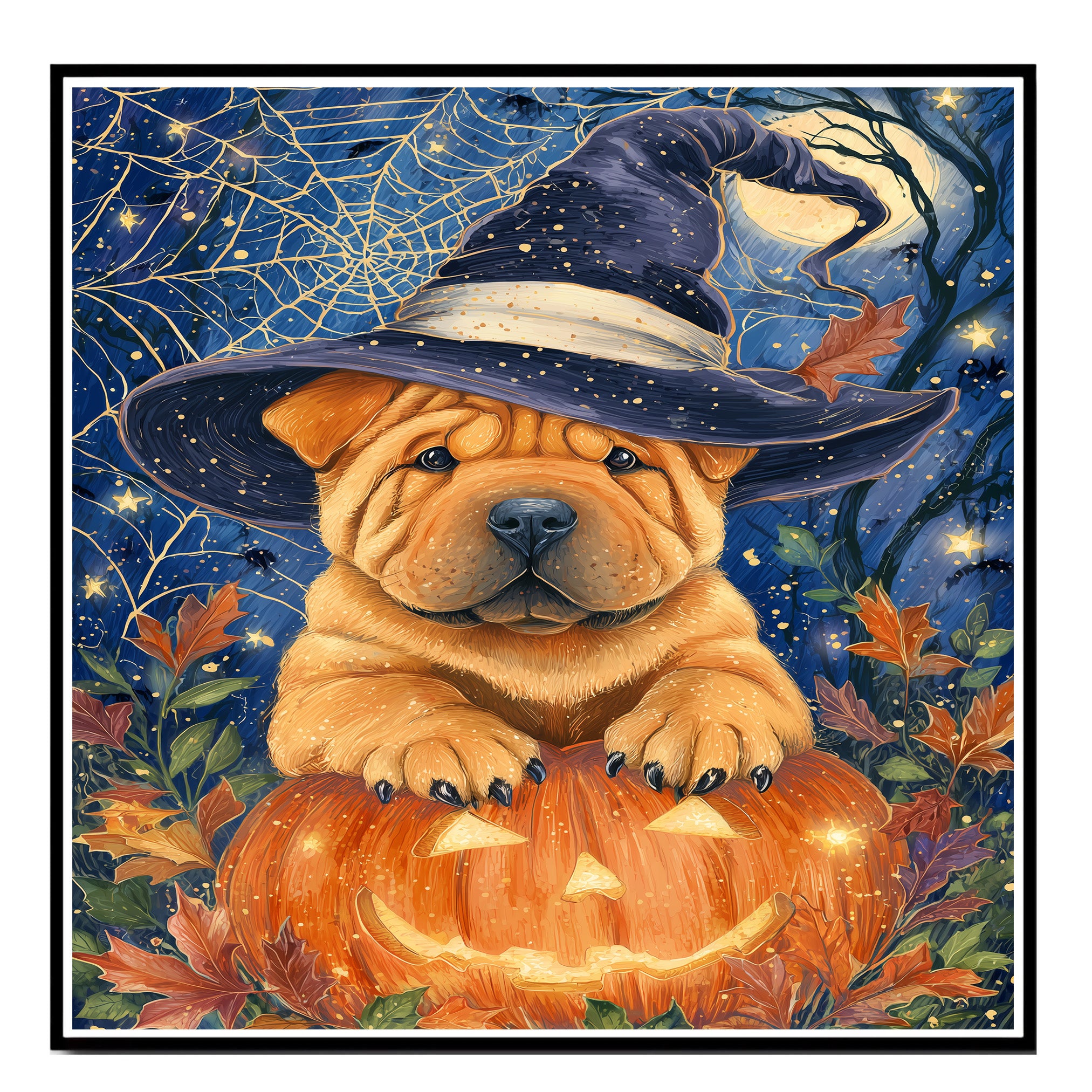 Shar Pei Dog Autumn Maple Leaf Canvas Prints Decorations for Thanksgiving Gifts Ideas for Living Room on Ready to Hang 1.5" Thick Canvas Wrap, Floating Framed Canvas, Flat Rolled Canvas