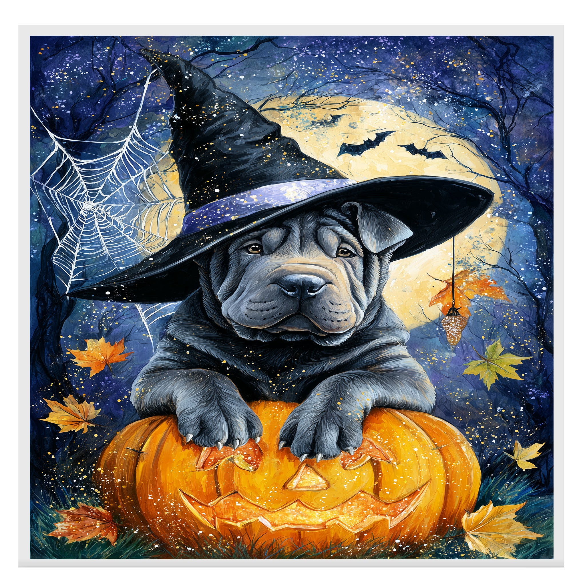 Shar Pei Wall Art Happy Halloween Canvas Decor Pumpkin Spider Web Artwork Print Poster Party Decoration on Ready to Hang 1.5" Thick Canvas Wrap, Floating Framed Canvas, Flat Rolled Canvas