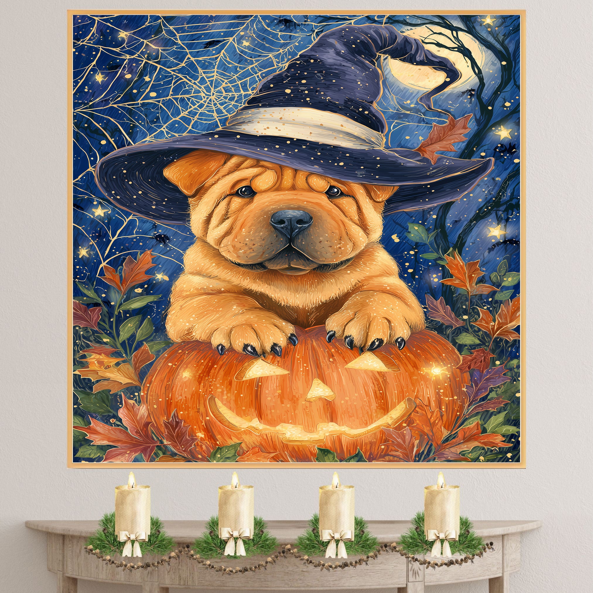 Shar Pei Dog Autumn Maple Leaf Canvas Prints Decorations for Thanksgiving Gifts Ideas for Living Room on Ready to Hang 1.5" Thick Canvas Wrap, Floating Framed Canvas, Flat Rolled Canvas