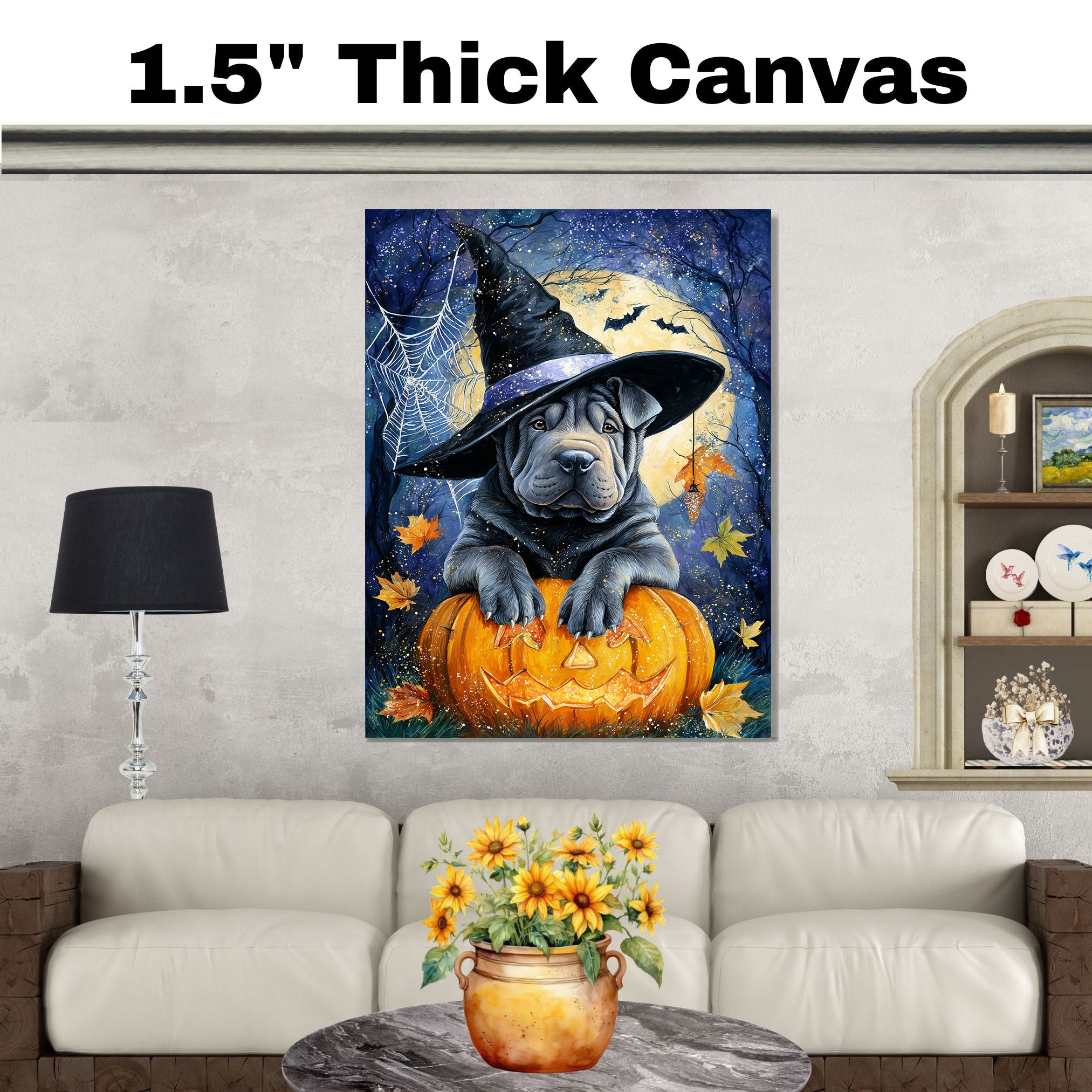 Shar Pei Wall Art Happy Halloween Canvas Decor Pumpkin Spider Web Artwork Print Poster Party Decoration on Ready to Hang 1.5" Thick Canvas Wrap, Floating Framed Canvas, Flat Rolled Canvas